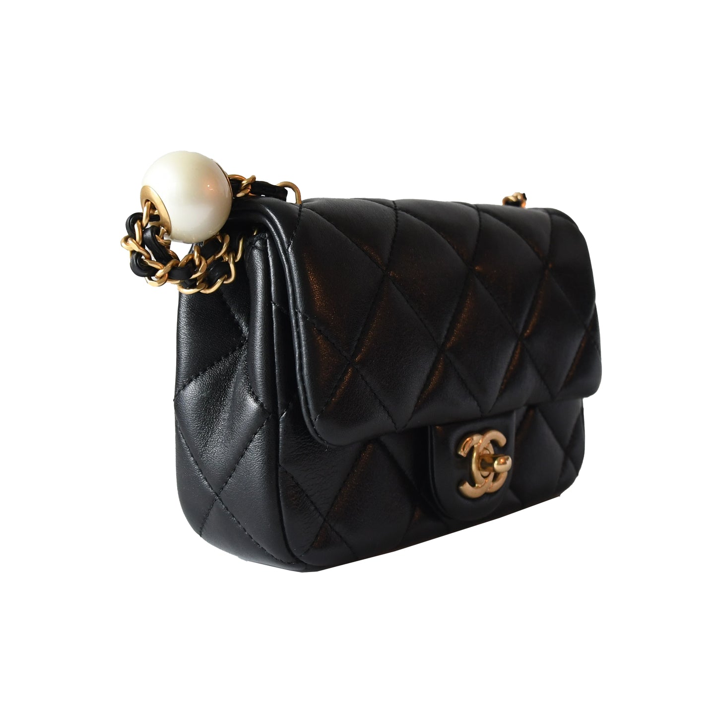 Chanel Lambskin Brushed Mini Square Pearl Flap Bag Gold Hardware Black - NOBLEMARS