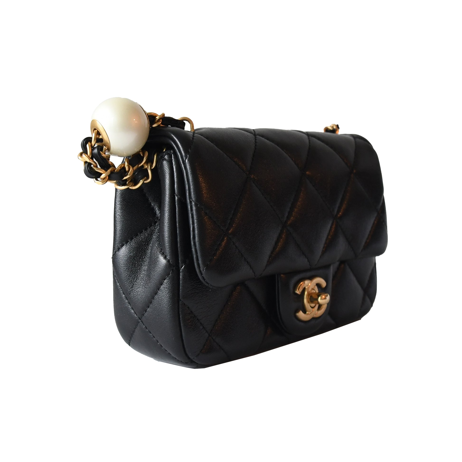 Chanel Lambskin Brushed Mini Square Pearl Flap Bag Gold Hardware Black - NOBLEMARS