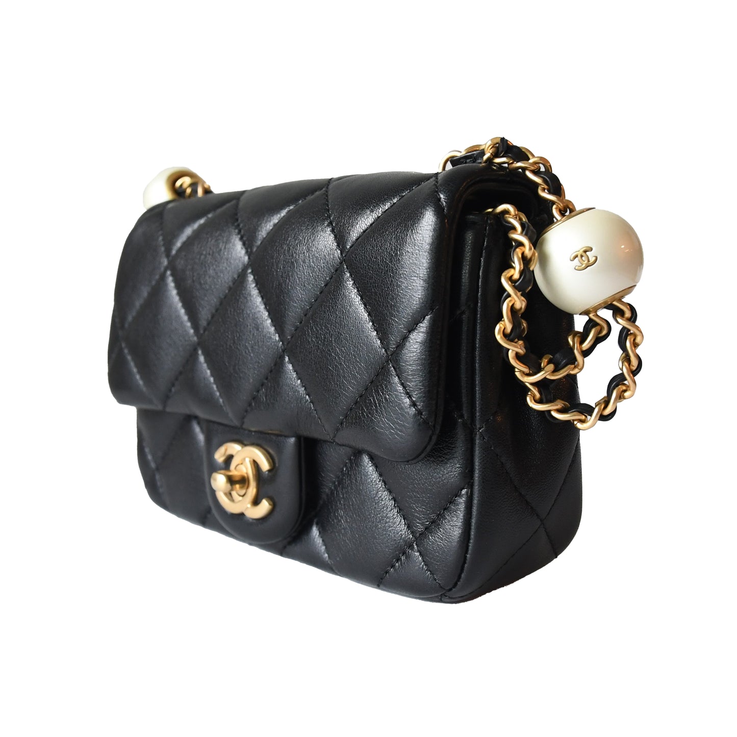 Chanel Lambskin Brushed Mini Square Pearl Flap Bag Gold Hardware Black - NOBLEMARS