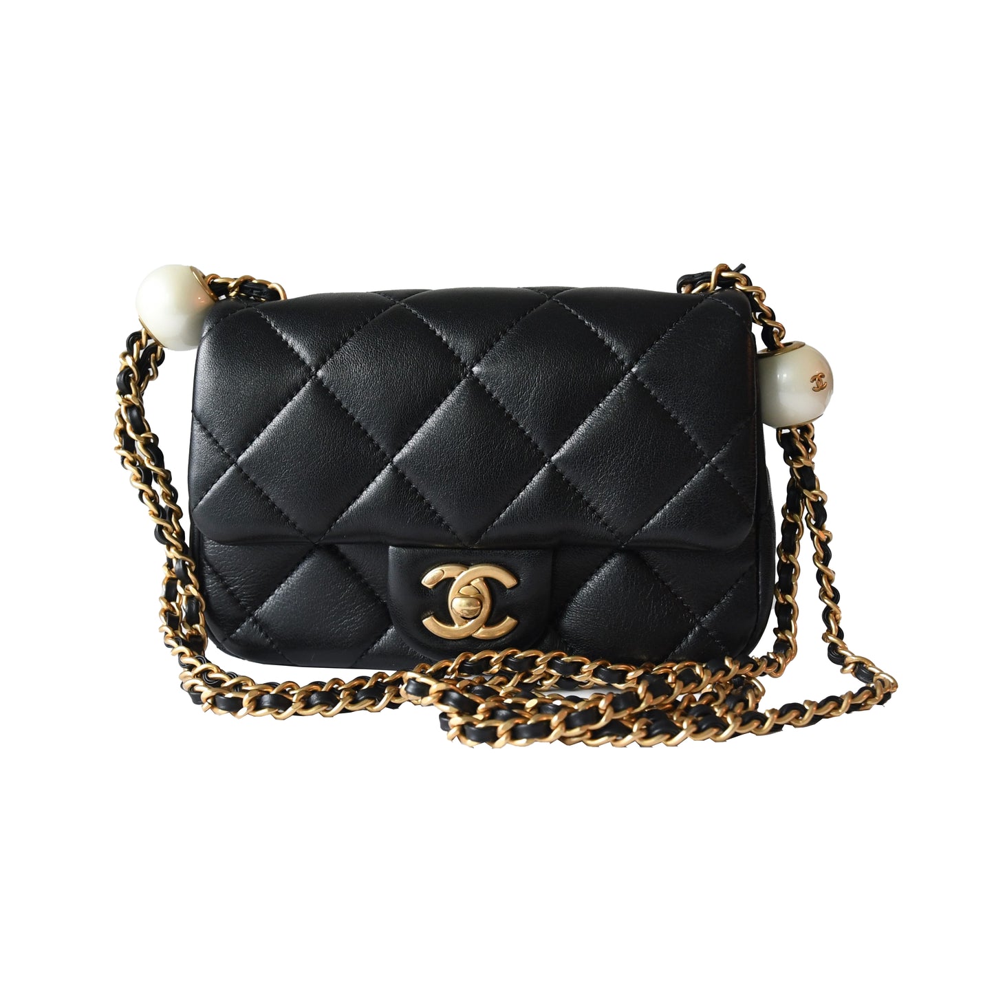 Chanel Lambskin Brushed Mini Square Pearl Flap Bag Gold Hardware Black - NOBLEMARS