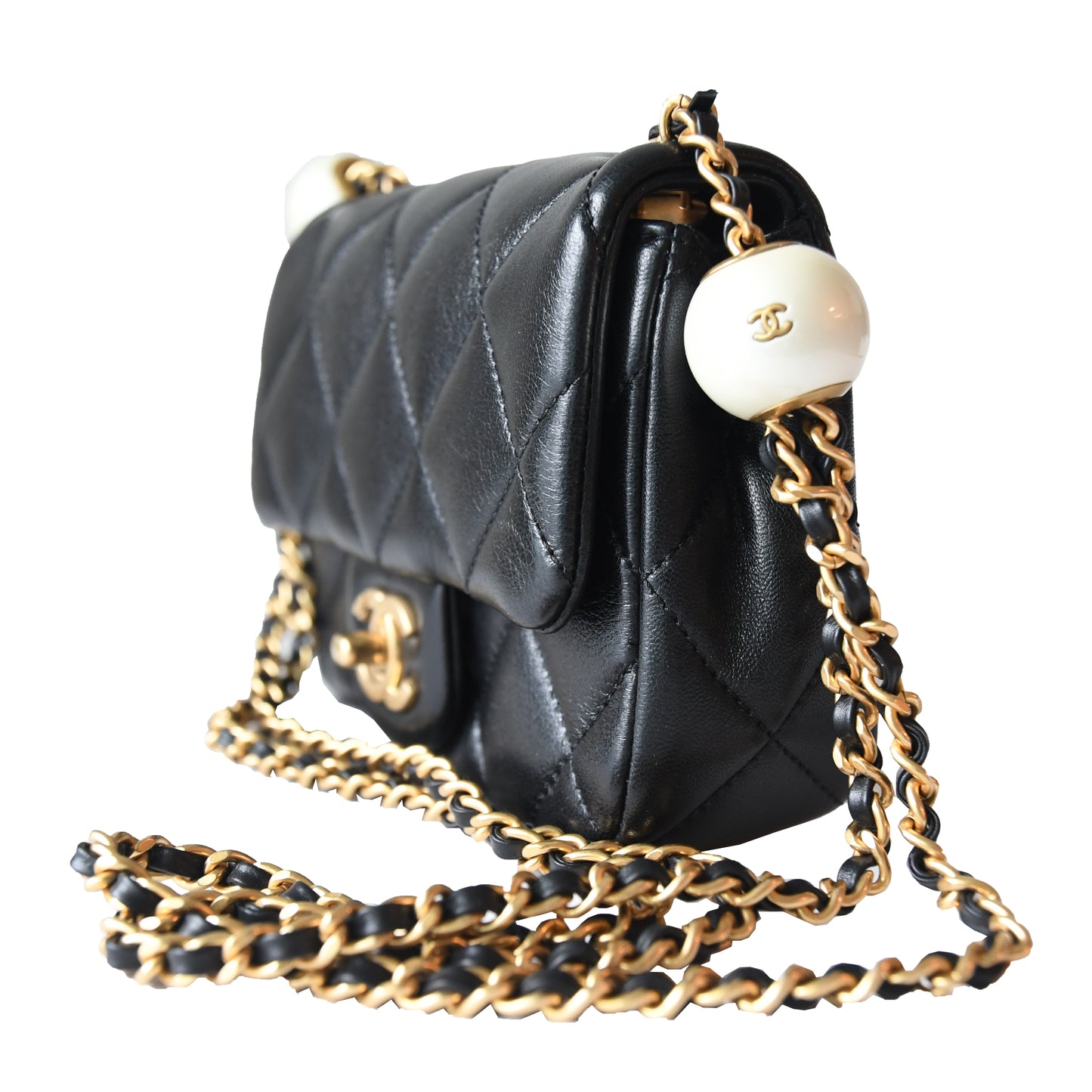 Chanel Lambskin Brushed Mini Square Pearl Flap Bag Gold Hardware Black - NOBLEMARS