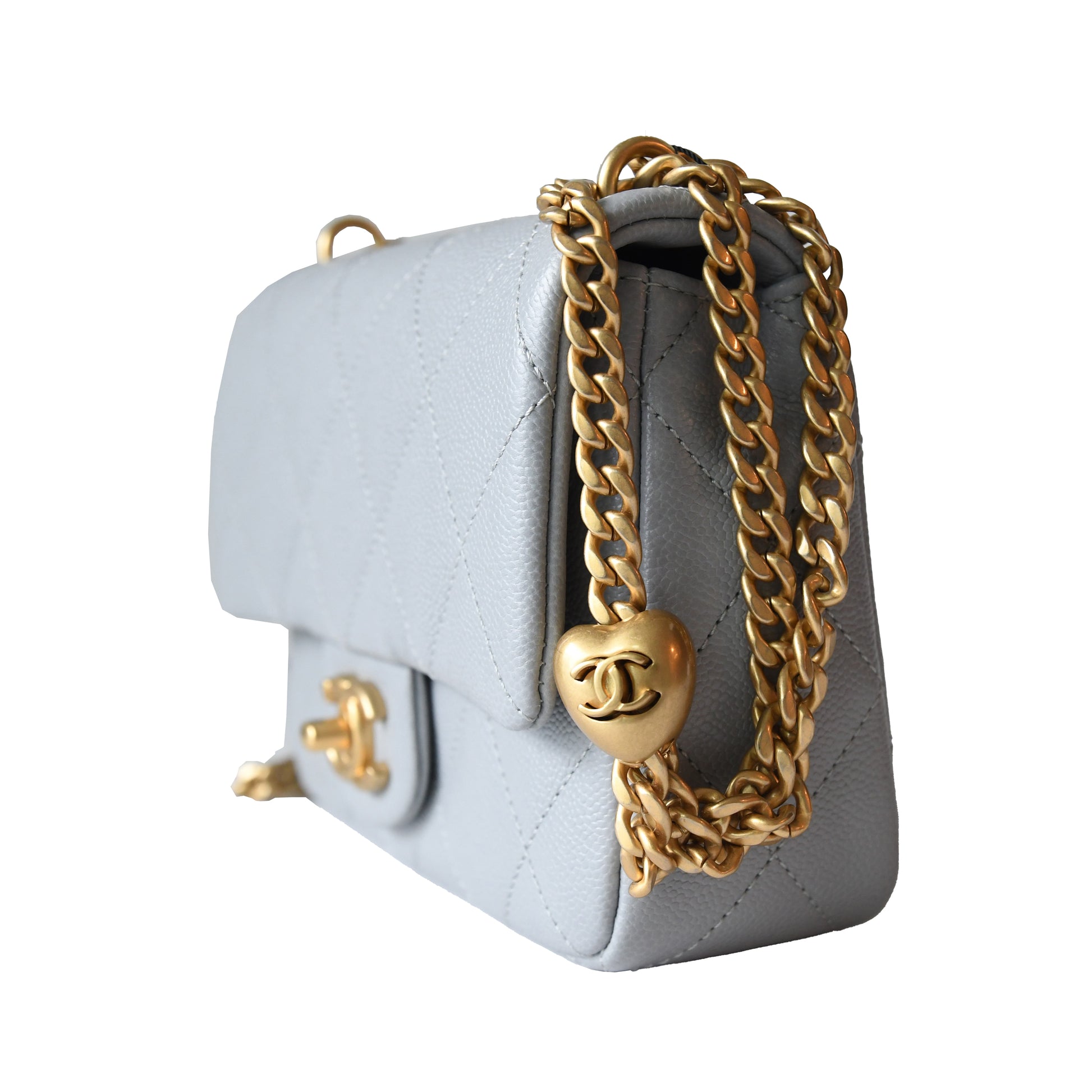 Chanel Caviar Quilted Mini Sweetheart Flap Bag Gold Hardware Light Grey - NOBLEMARS