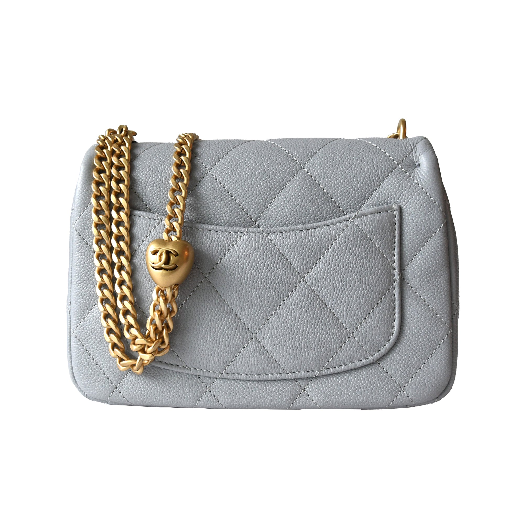 Chanel Caviar Quilted Mini Sweetheart Flap Bag Gold Hardware Light Grey - NOBLEMARS