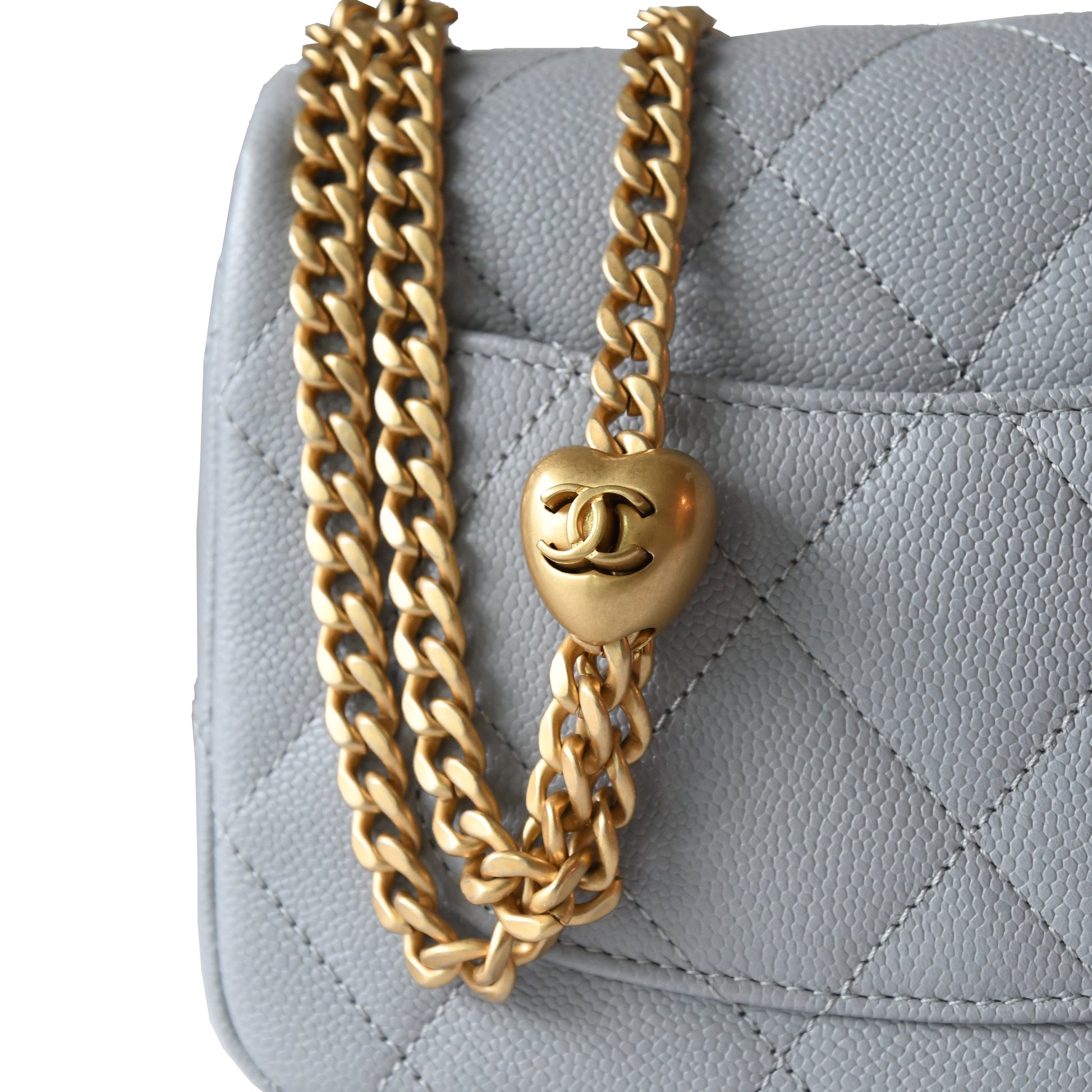 Chanel Caviar Quilted Mini Sweetheart Flap Bag Gold Hardware Light Grey - NOBLEMARS