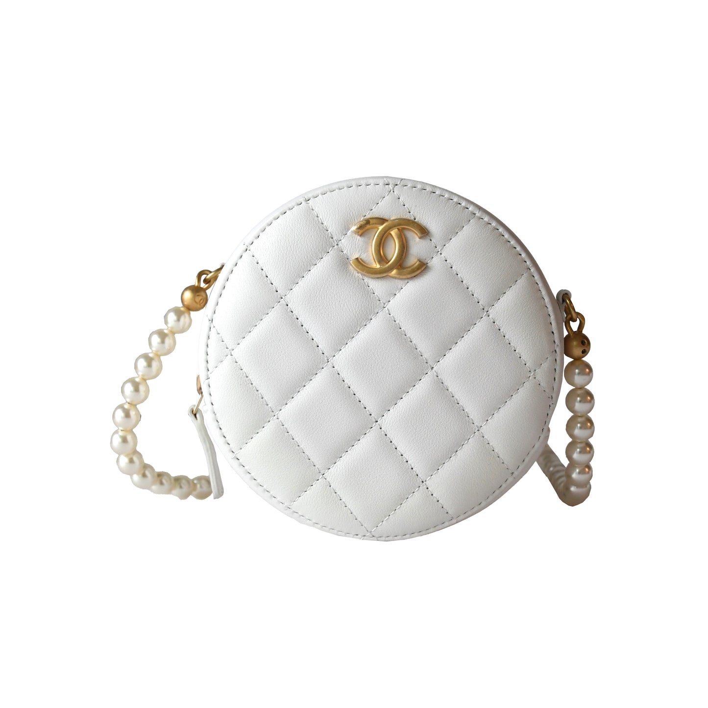 Chanel Calfskin Quilted Pearl Round Clutch With Chain White - NOBLEMARS