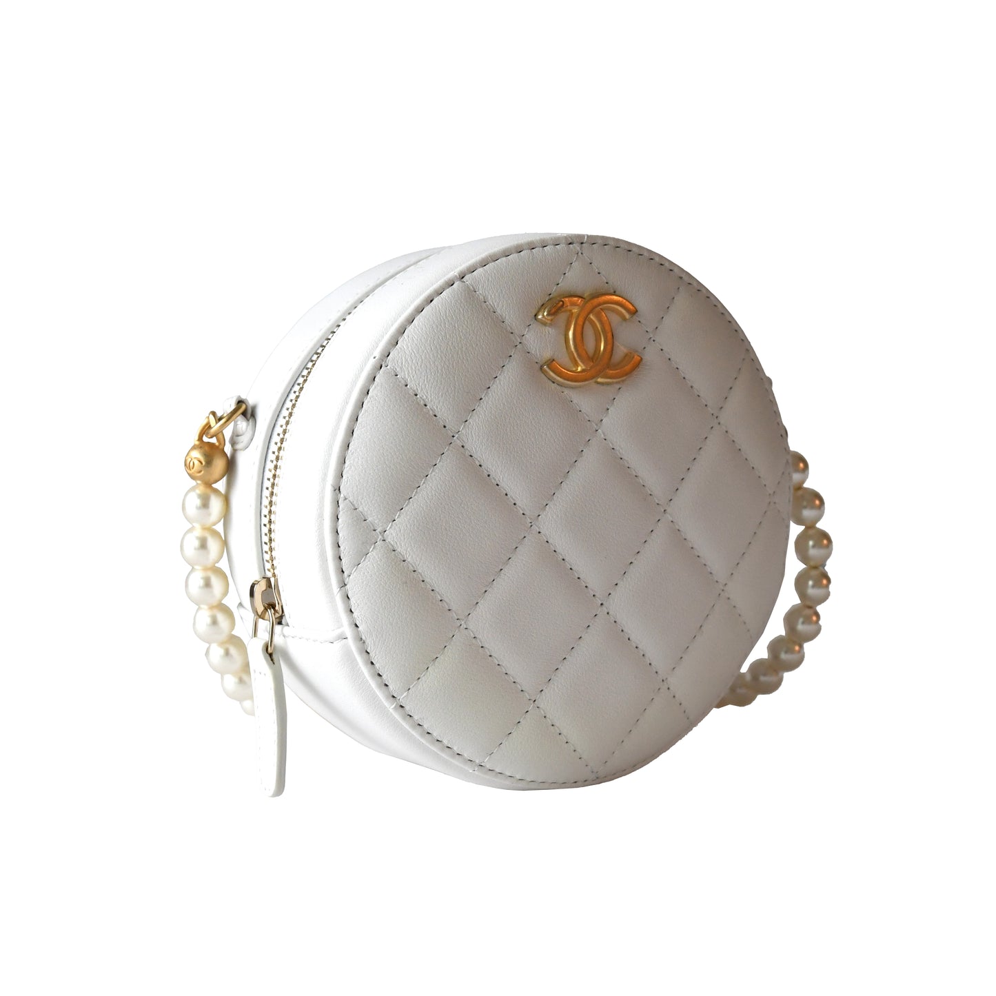 Chanel Calfskin Quilted Pearl Round Clutch With Chain White - NOBLEMARS