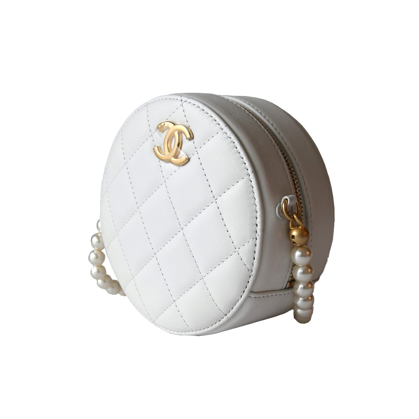 Chanel Calfskin Quilted Pearl Round Clutch With Chain White - NOBLEMARS
