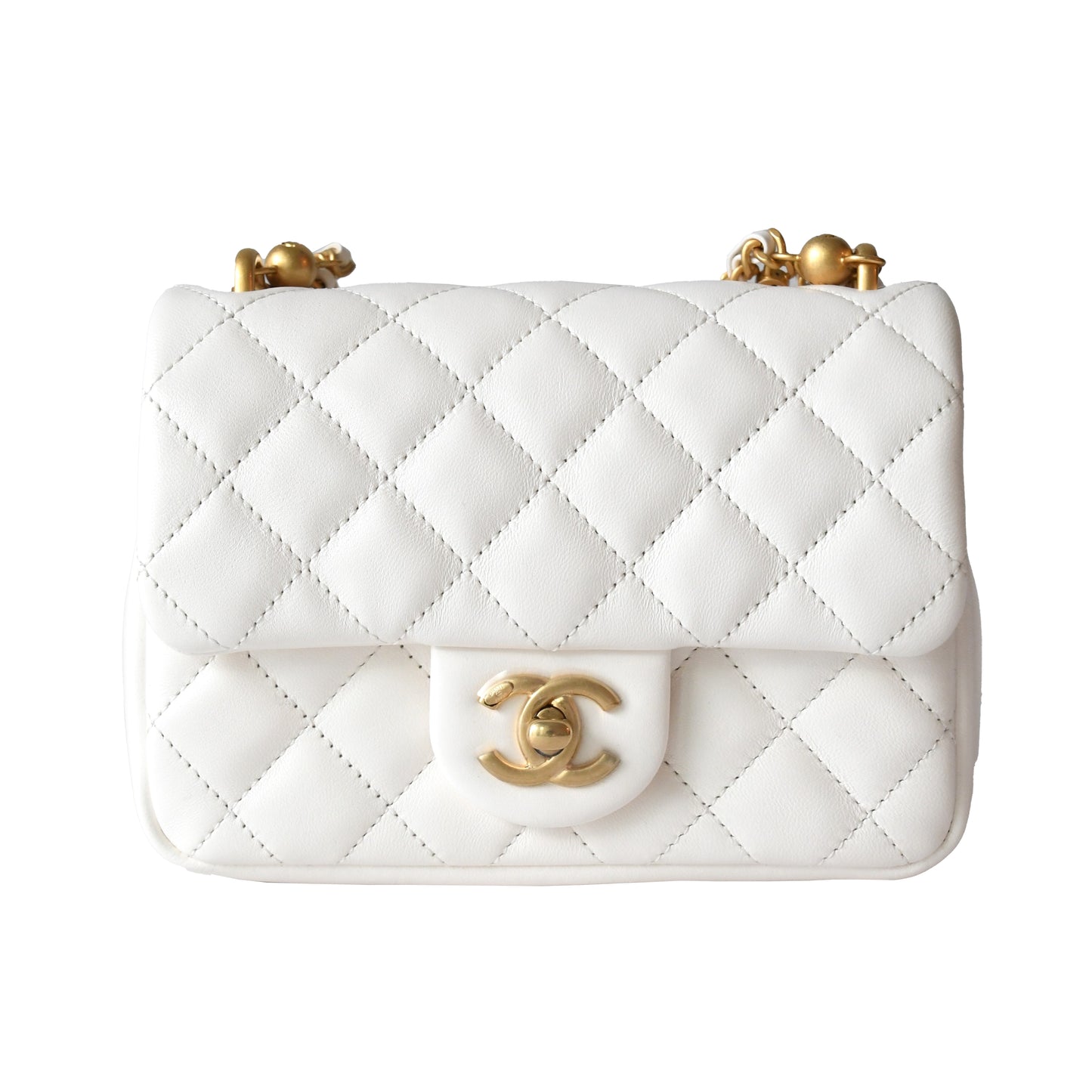 Chanel Shiny Lambskin Quilted Pearl Twist Square Flap Bag Gold Hardware White - NOBLEMARS