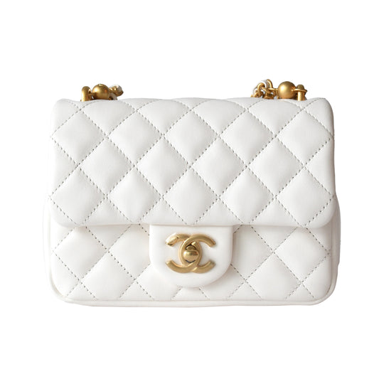Chanel Shiny Lambskin Quilted Pearl Twist Square Flap Bag Gold Hardware White - NOBLEMARS