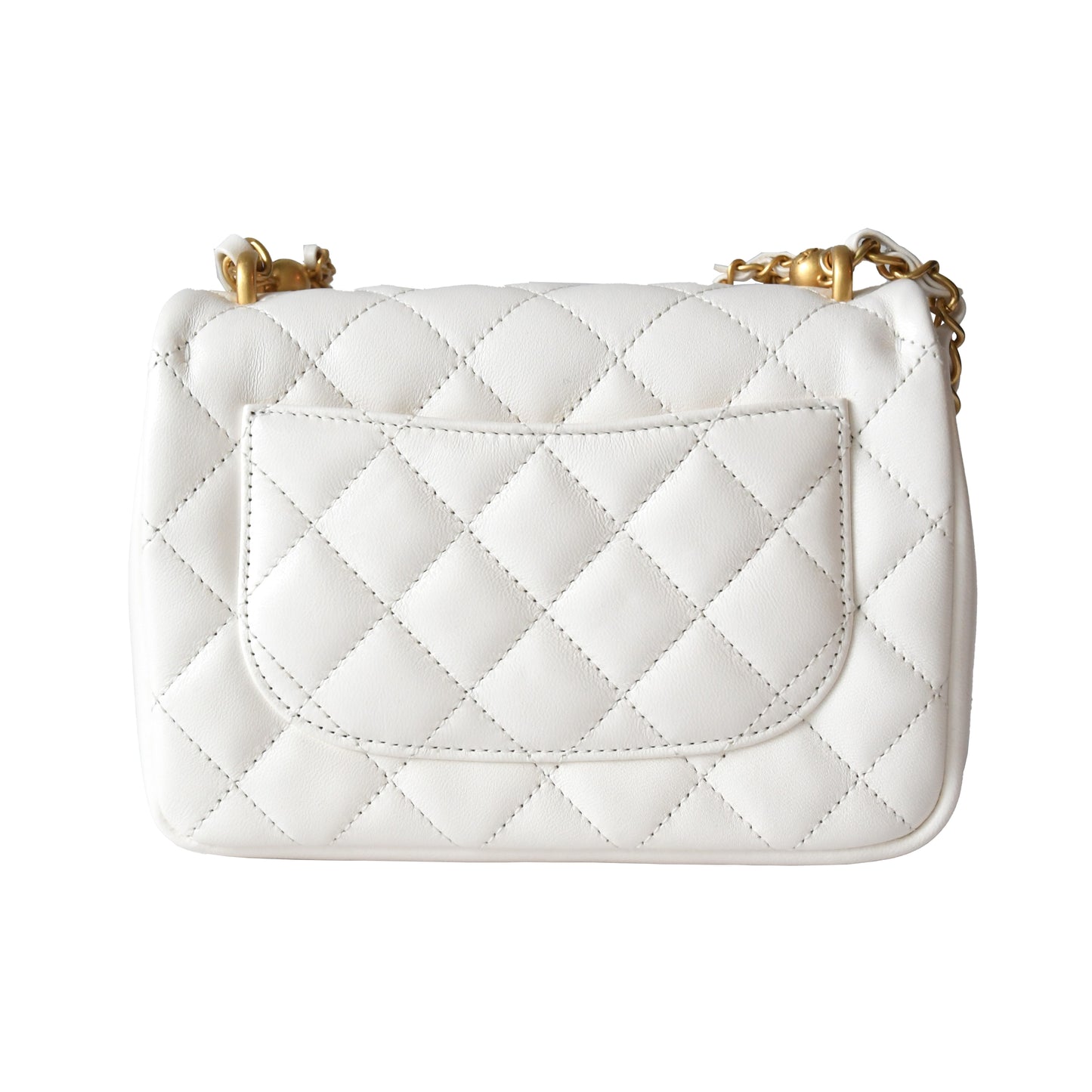 Chanel Shiny Lambskin Quilted Pearl Twist Square Flap Bag Gold Hardware White - NOBLEMARS