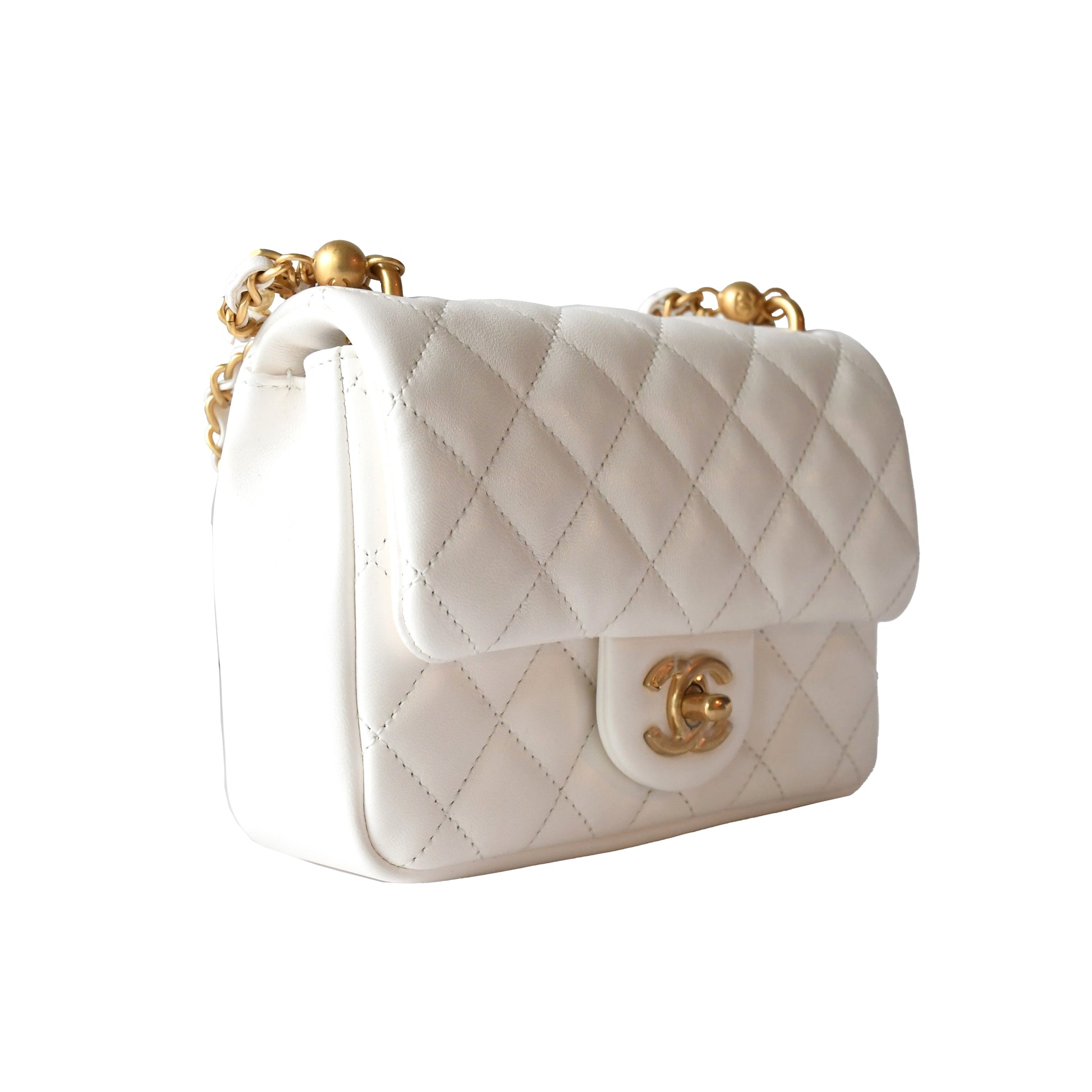 Chanel Shiny Lambskin Quilted Pearl Twist Square Flap Bag Gold Hardware White - NOBLEMARS