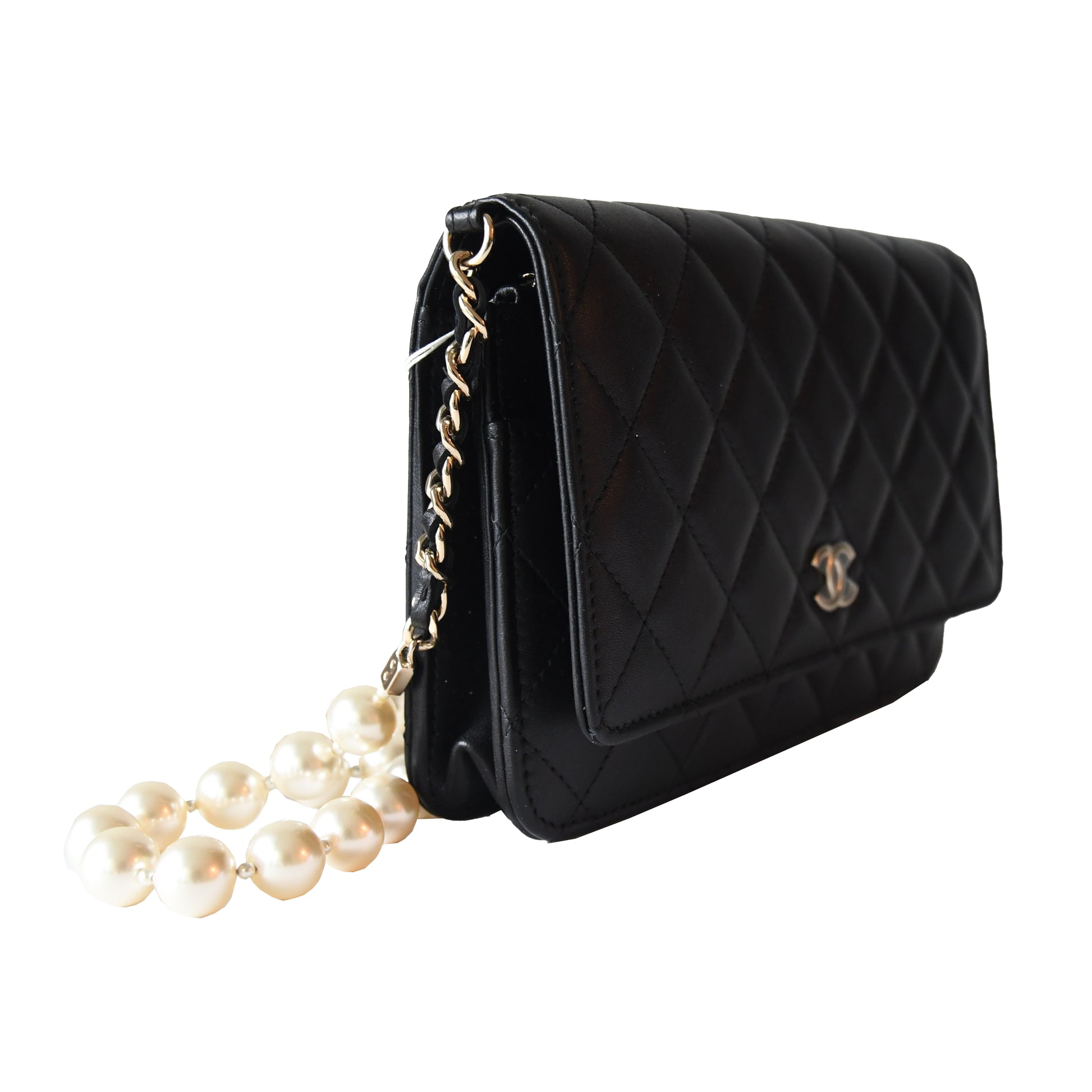 Chanel Lambskin Quilted Pearl Wallet On Chain WOC Black - NOBLEMARS