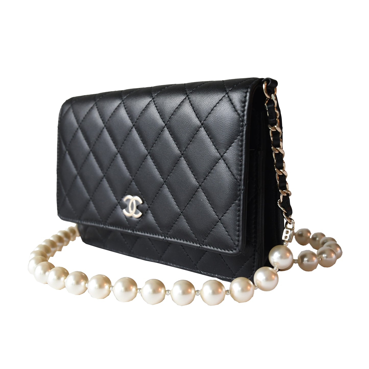 Chanel Lambskin Quilted Pearl Wallet On Chain WOC Black - NOBLEMARS