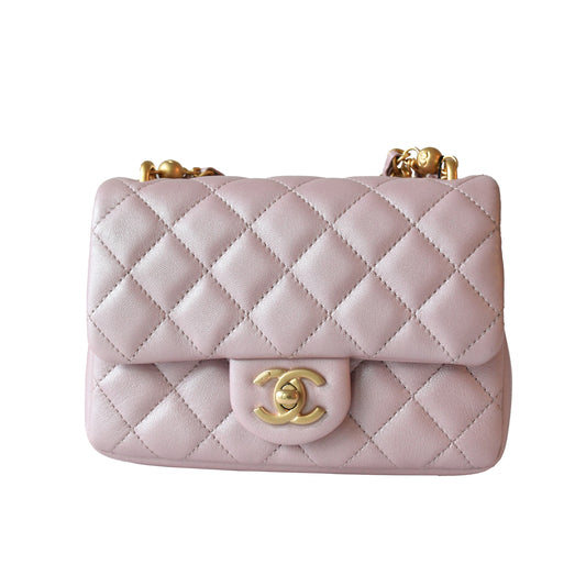 Chanel Shiny Lambskin Quilted Pearl Twist Square Flap Bag Gold Hardware Light Pink - NOBLEMARS