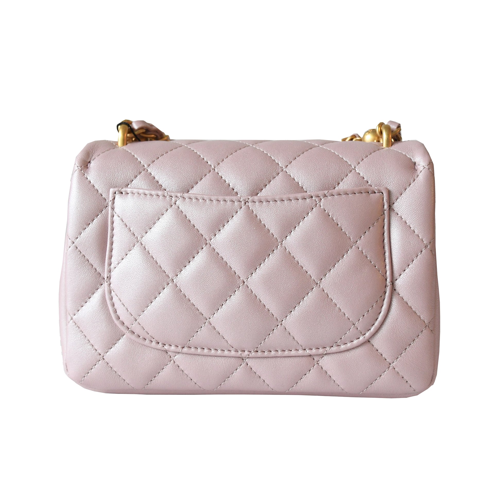Chanel Shiny Lambskin Quilted Pearl Twist Square Flap Bag Gold Hardware Light Pink - NOBLEMARS