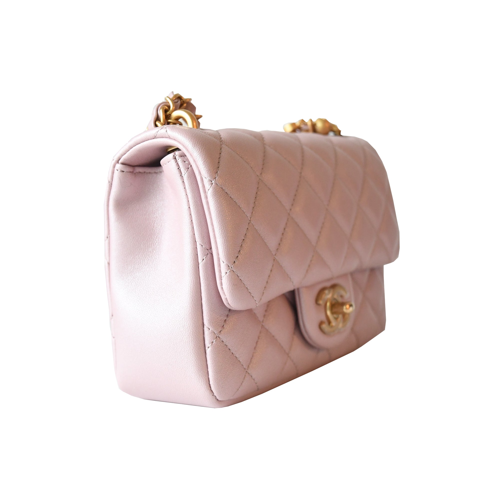 Chanel Shiny Lambskin Quilted Pearl Twist Square Flap Bag Gold Hardware Light Pink - NOBLEMARS