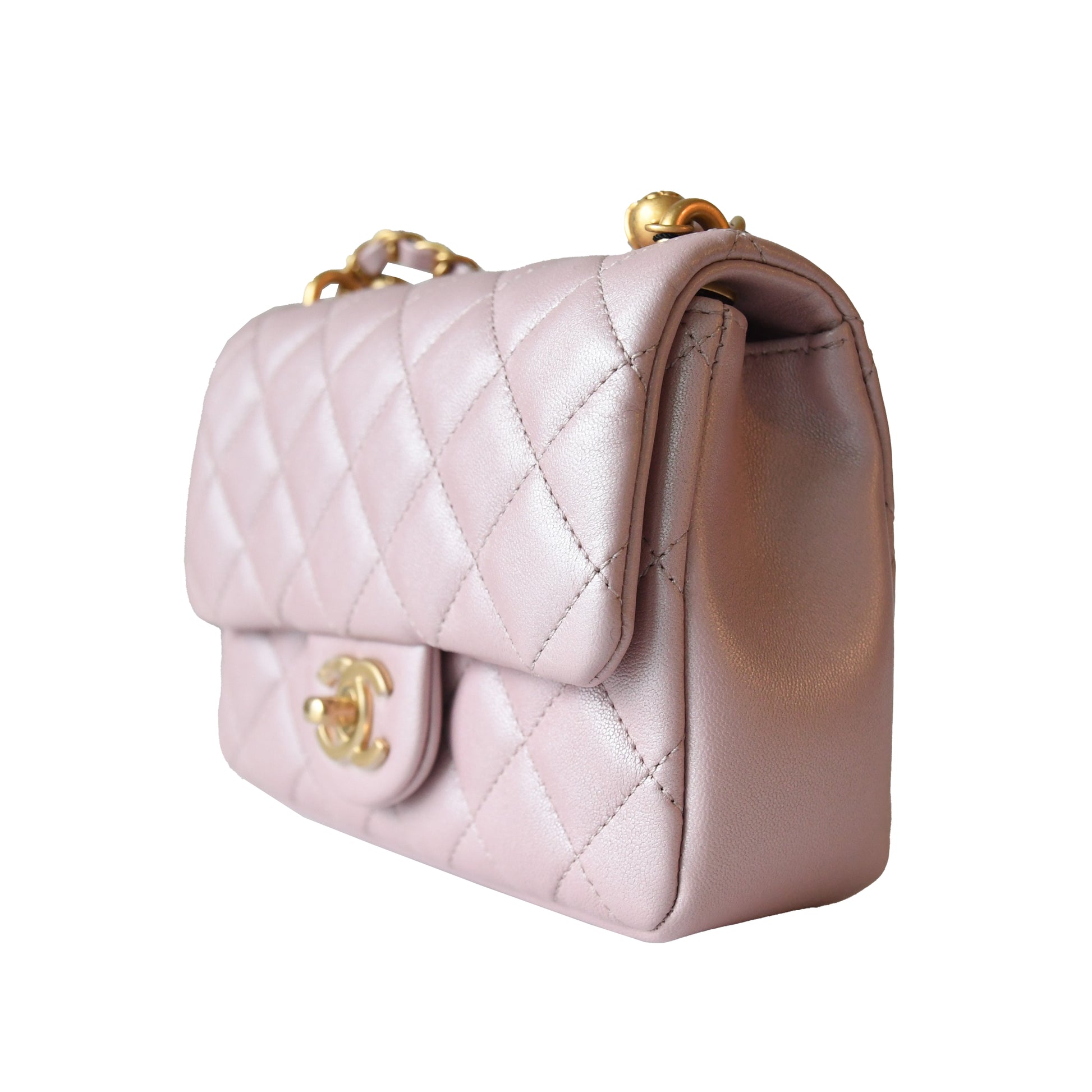 Chanel Shiny Lambskin Quilted Pearl Twist Square Flap Bag Gold Hardware Light Pink - NOBLEMARS