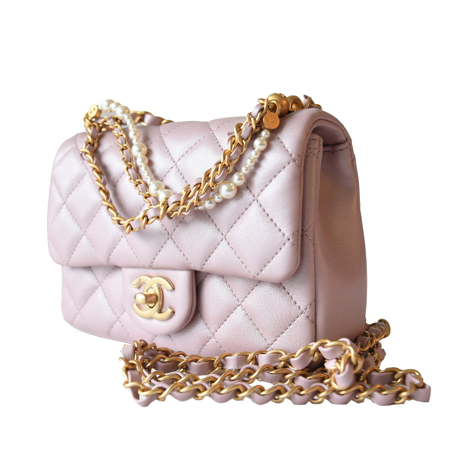 Chanel Shiny Lambskin Quilted Pearl Twist Square Flap Bag Gold Hardware Light Pink - NOBLEMARS