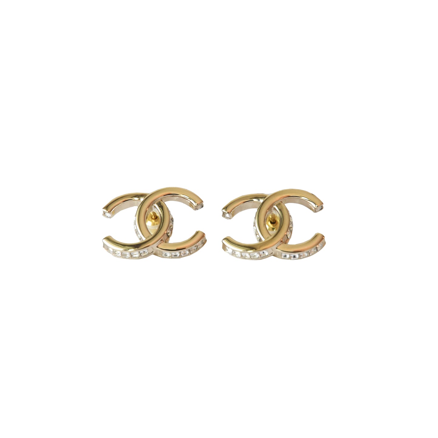 Chanel 23B CC Studs Earrings Side Crystal Strass Light Gold-NOBLEMARS
