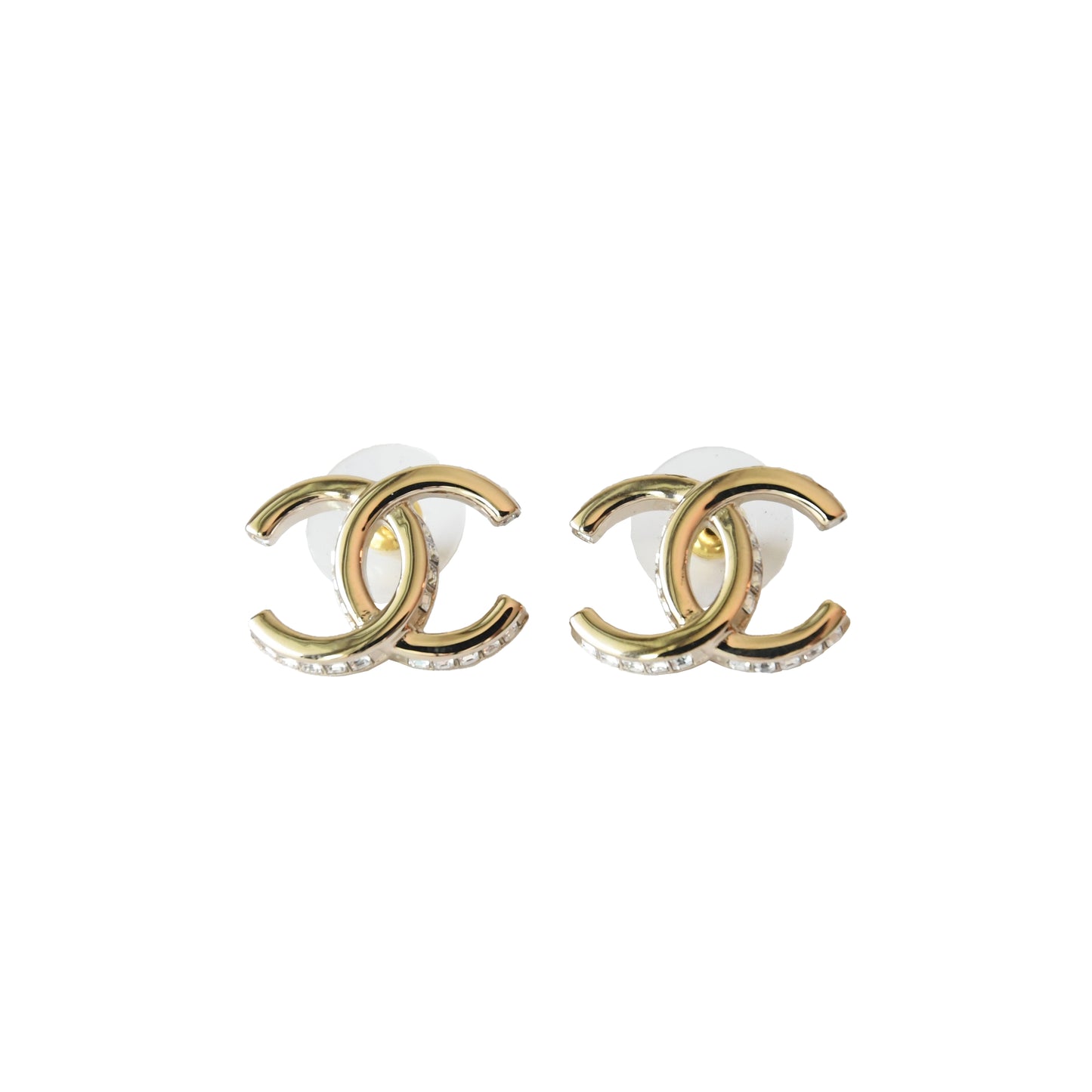 Chanel 23B CC Studs Earrings Side Crystal Strass Light Gold-NOBLEMARS