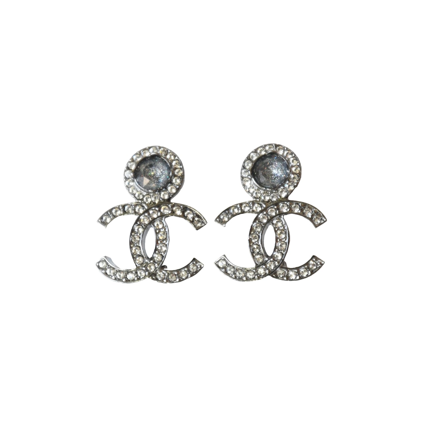 Chanel 23B CC Stud Grey Crystal Strass Earrings Sliver-NOBLEMARS