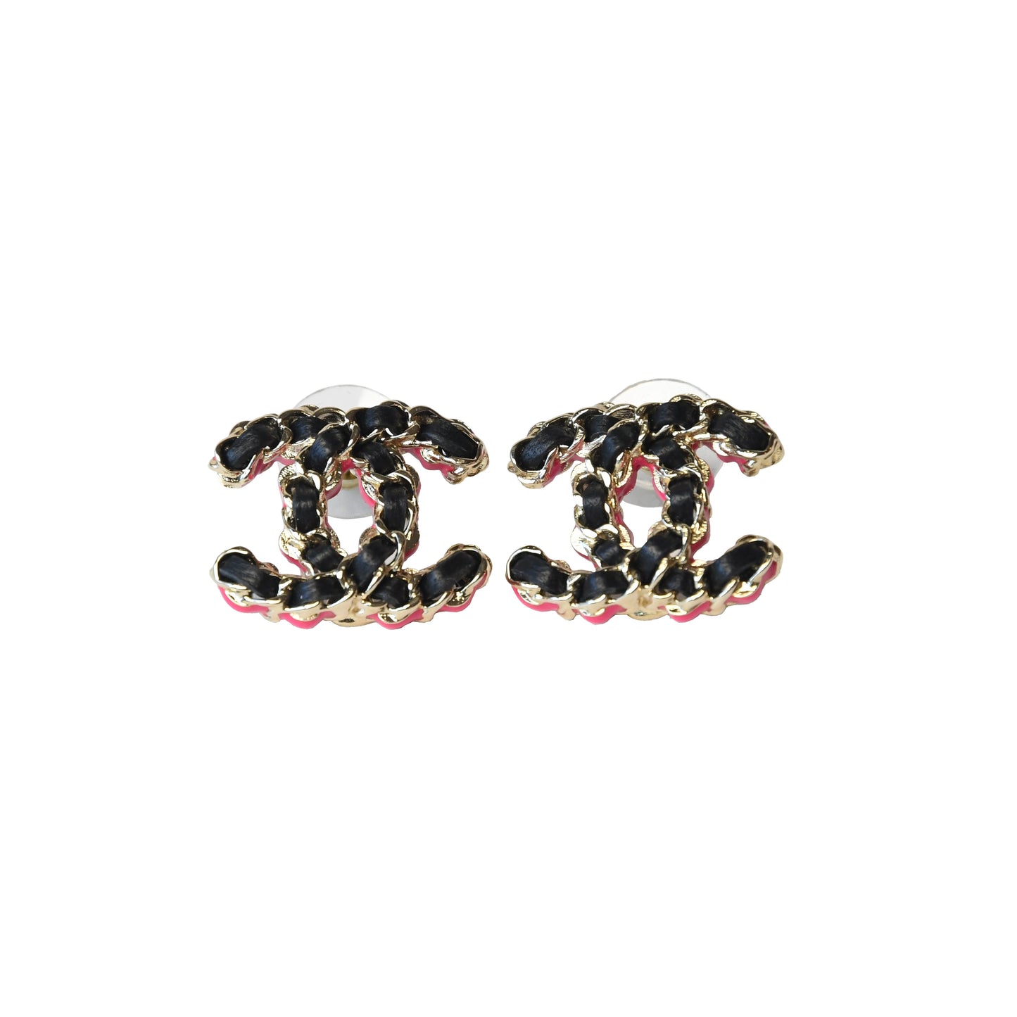 Chanel Leather CC Chain Stud Earrings Black Gold Pink-NOBLEMARS