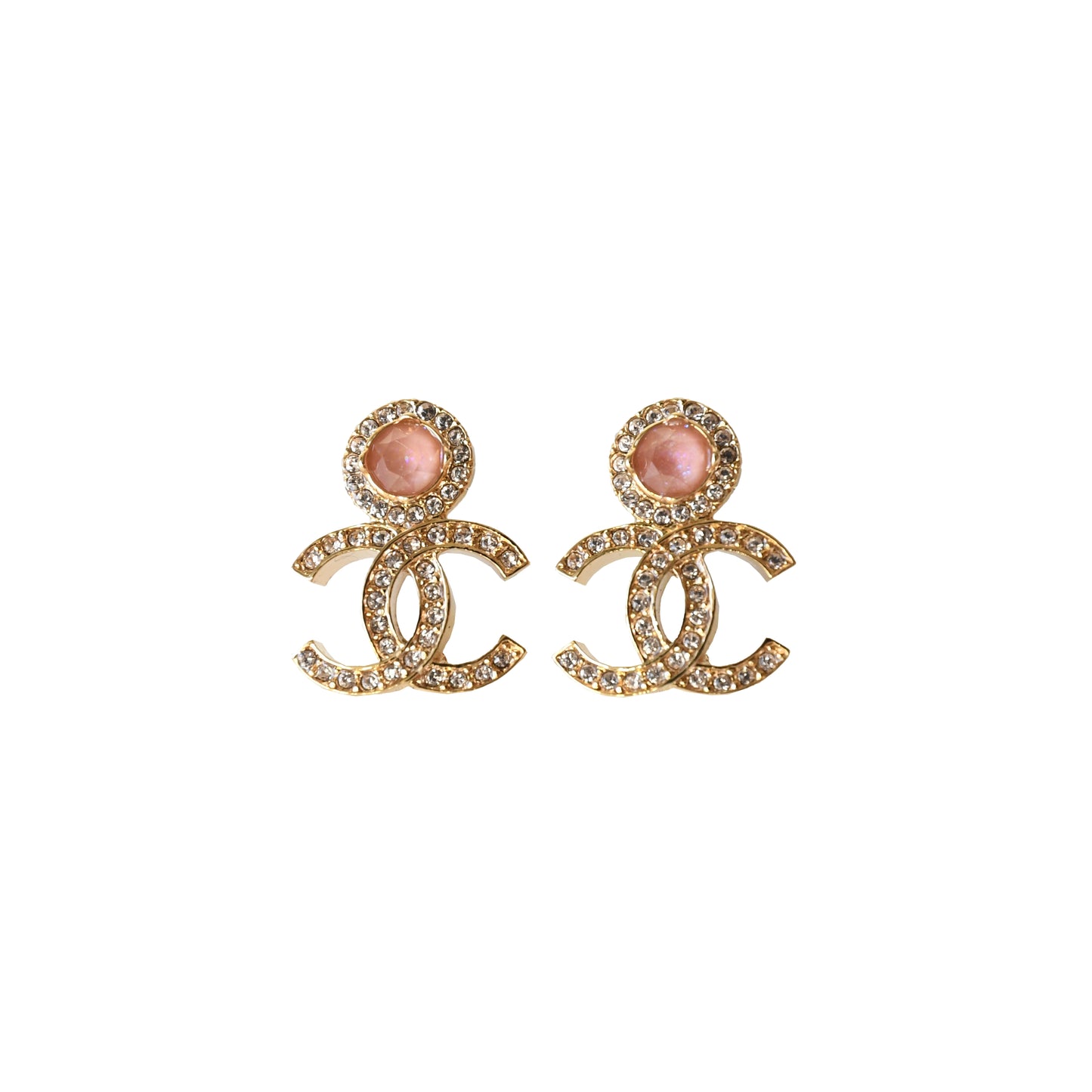 Chanel 23B Pink Crystal Strass CC Logo Stud Earrings Gold-NOBLEMARS