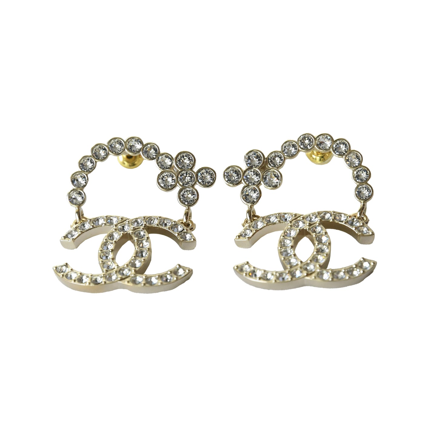 Chanel CC Flower Crystal Strass Stud Earrings Gold-NOBLEMARS