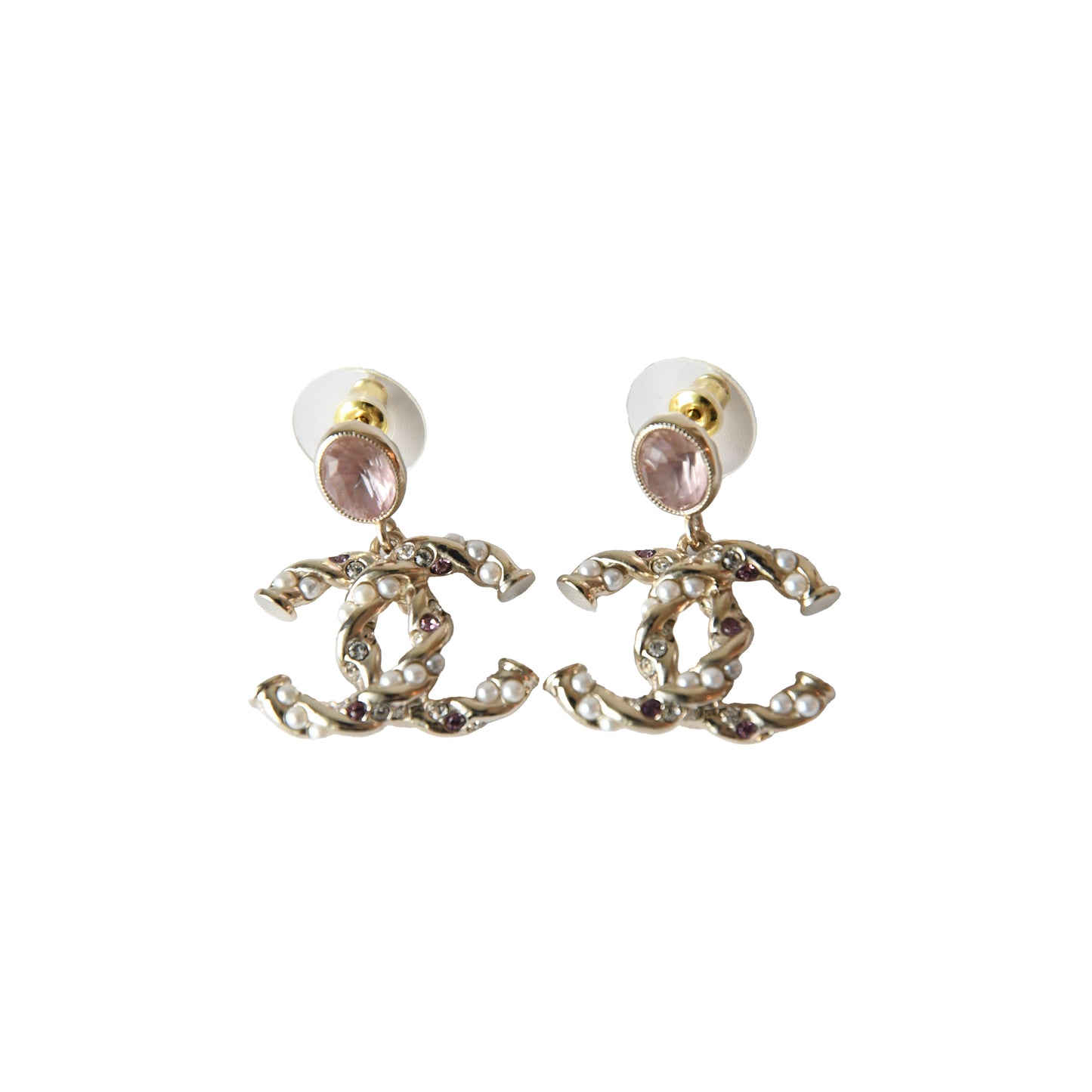 Chanel 23B CC Pink Crystal Strass Pearl Twist Stud Earrings Gold-NOBLEMARS