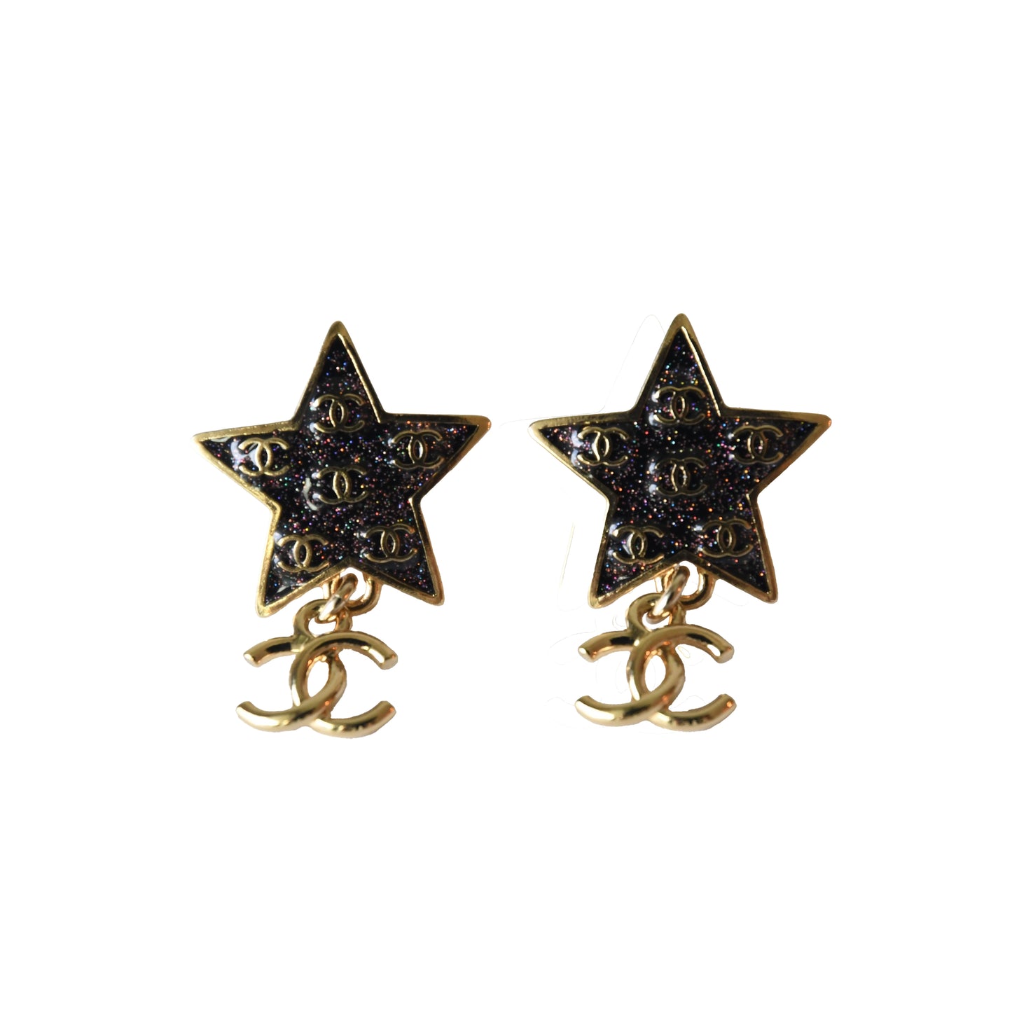 Chanel Black Star Shape Pendant CC Logo Earrings Gold-NOBLEMARS