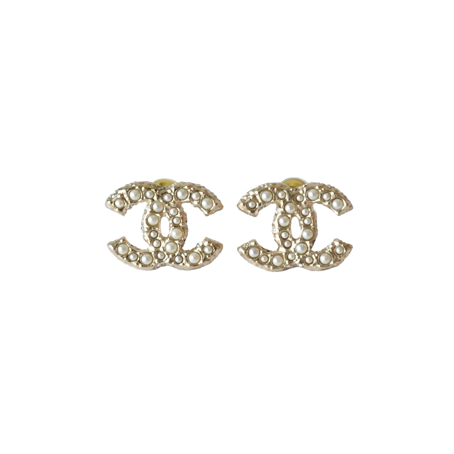 Chanel Pearl Side Crystal Strass CC Stud Earrings Light Gold-NOBLEMARS