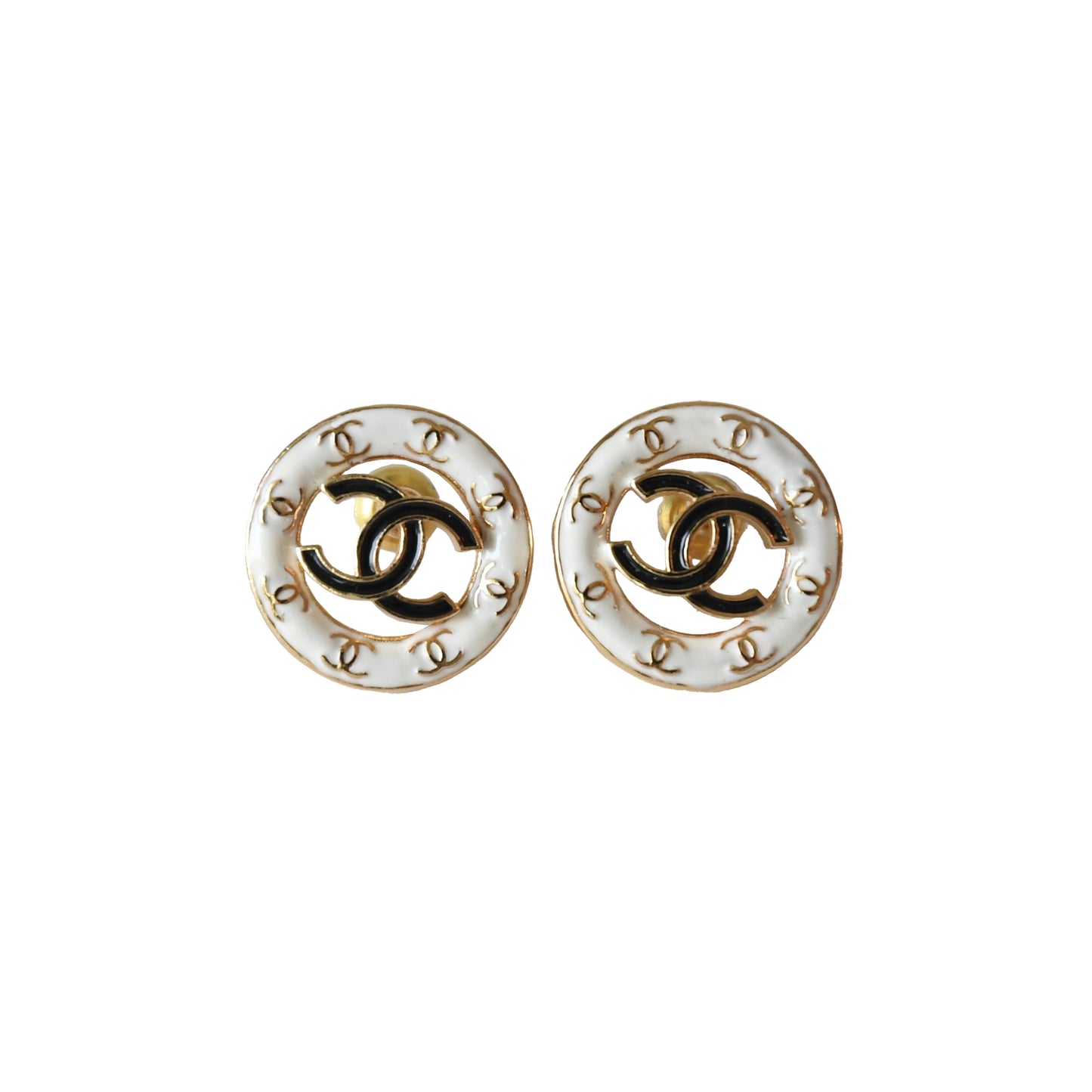 Chanel 24P Metal Enamel CC Round Stud Earrings Gold White Black-NOBLEMARS