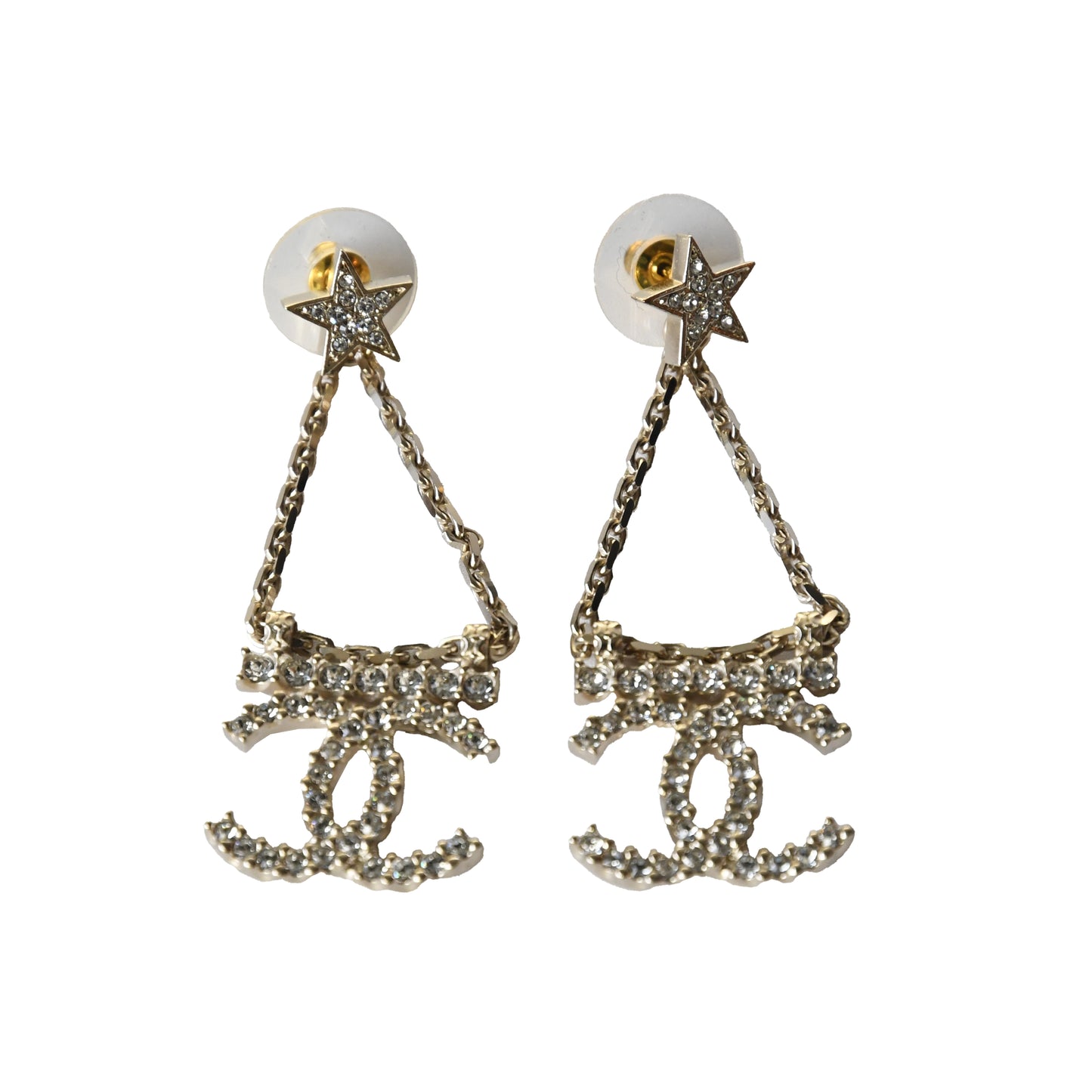 Chanel Crystal Strass Star CC Drop Earrings Gold-NOBLEMARS
