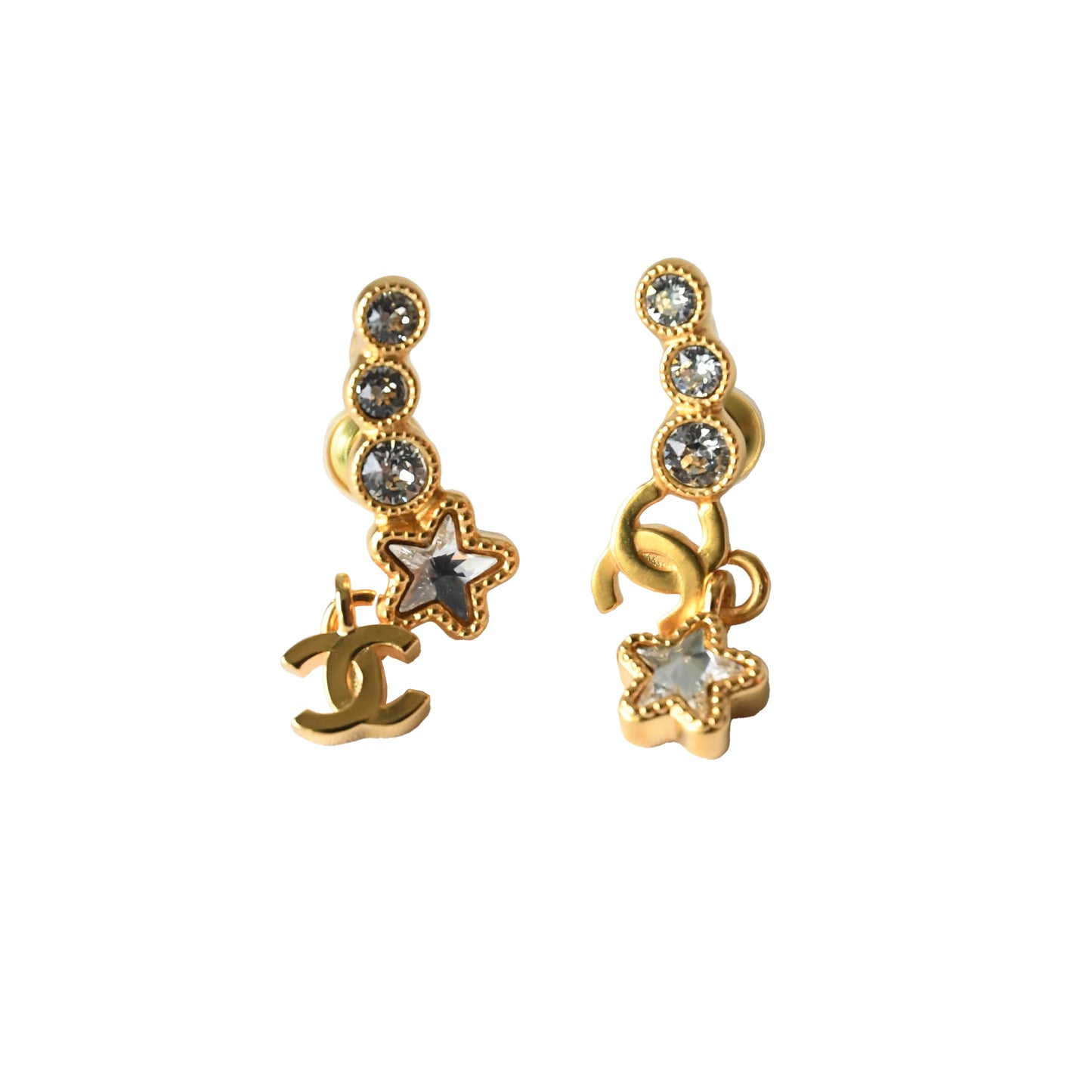 Chanel Crystal Strass CC Star Climber Earrings Gold-NOBLEMARS