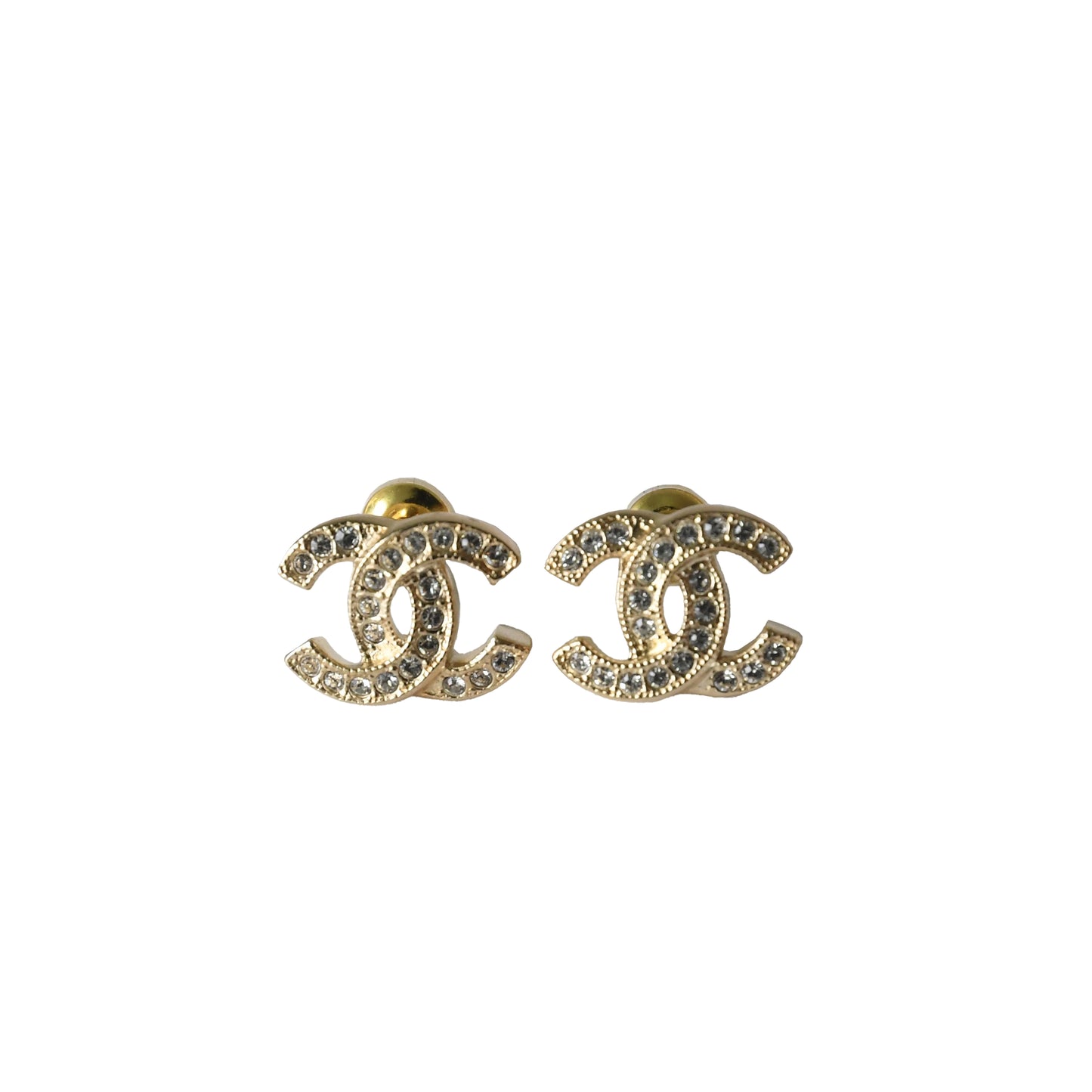 Chanel Crystal Strass CC Stud Earrings Gold-NOBLEMARS