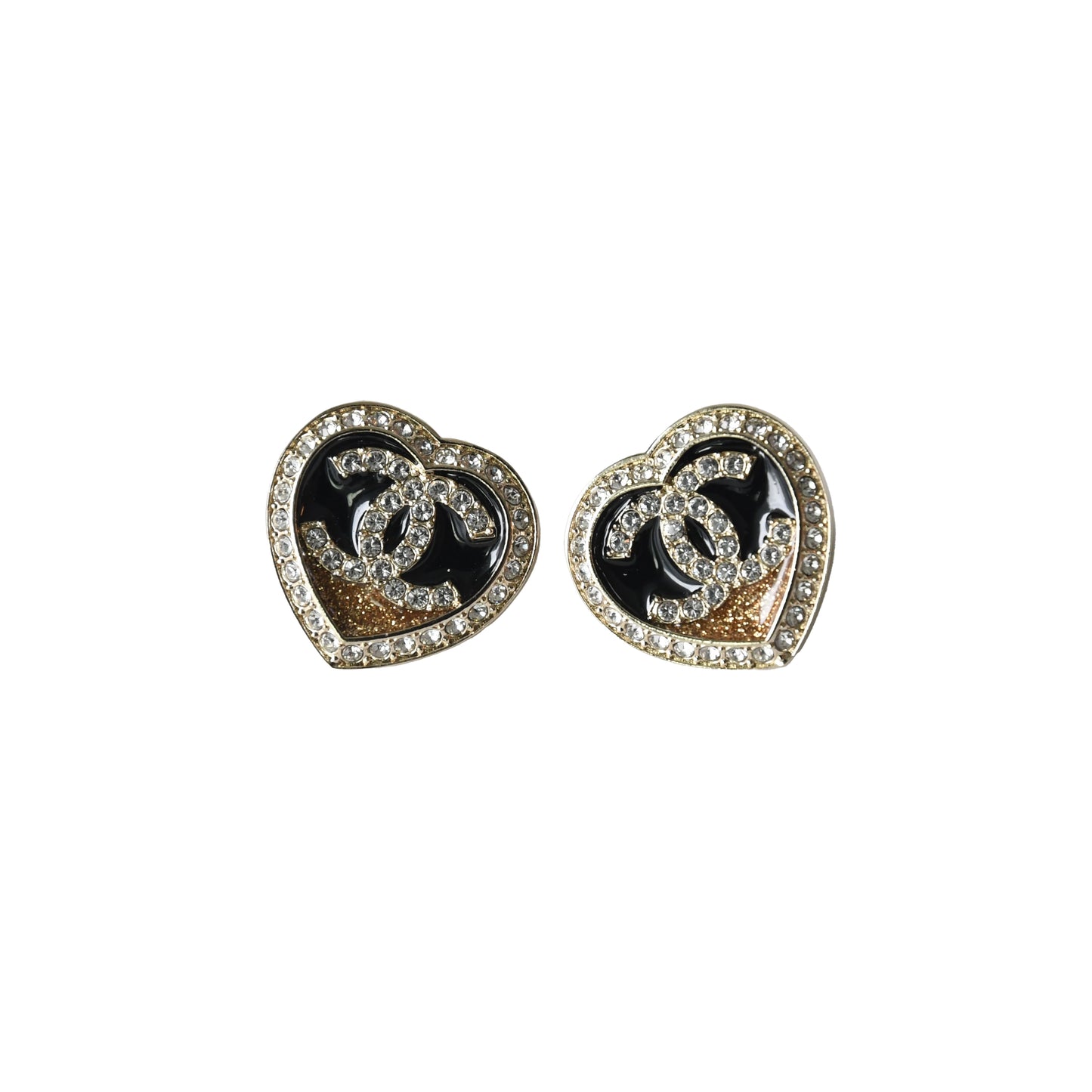 Chanel 23B CC Crystal Strass Resin Heart Stud Earrings Black Gold-NOBLEMARS