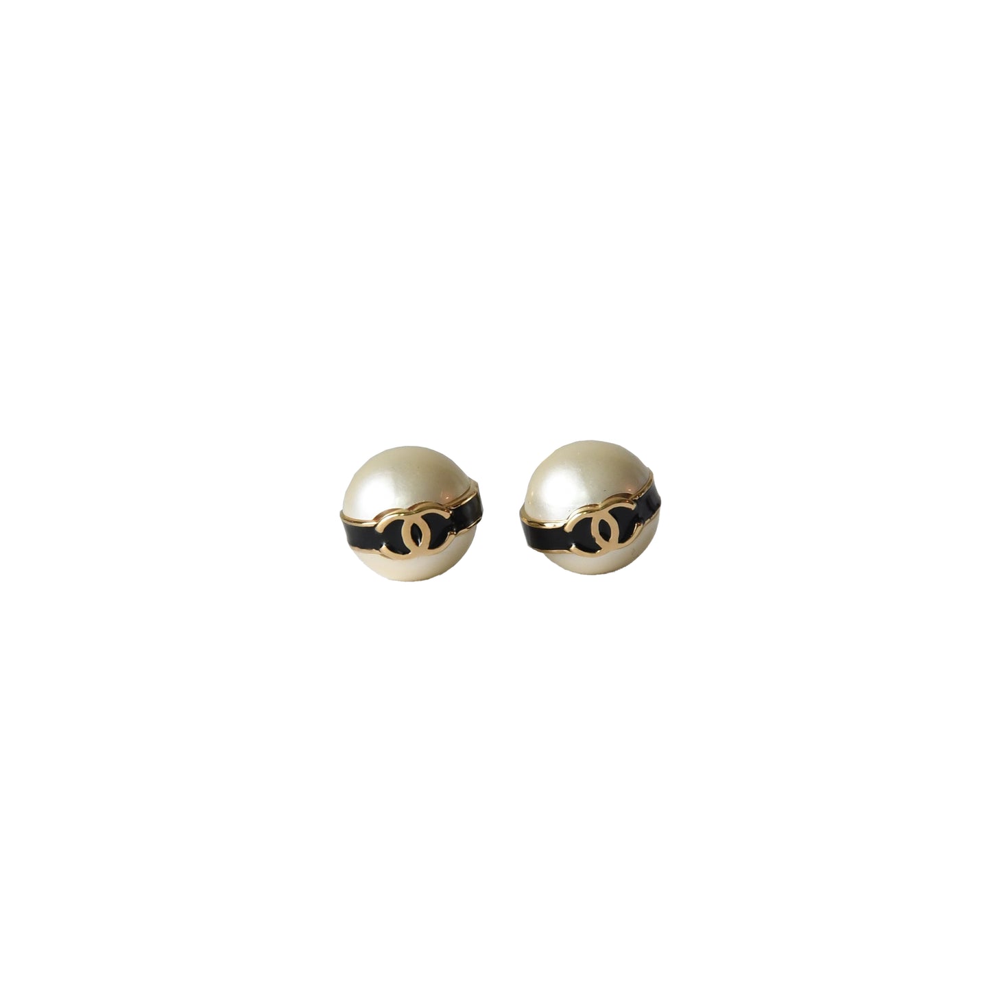 Chanel Metal CC Pearl Round Earrings Gold White Black-NOBLEMARS