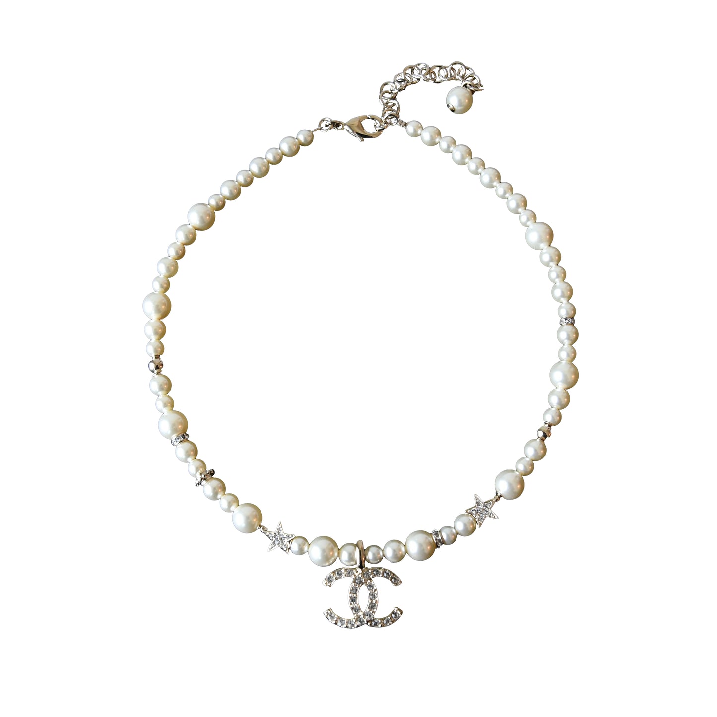 Chanel Crystal Strass CC Star Pearl Necklace Silver-NOBLEMARS