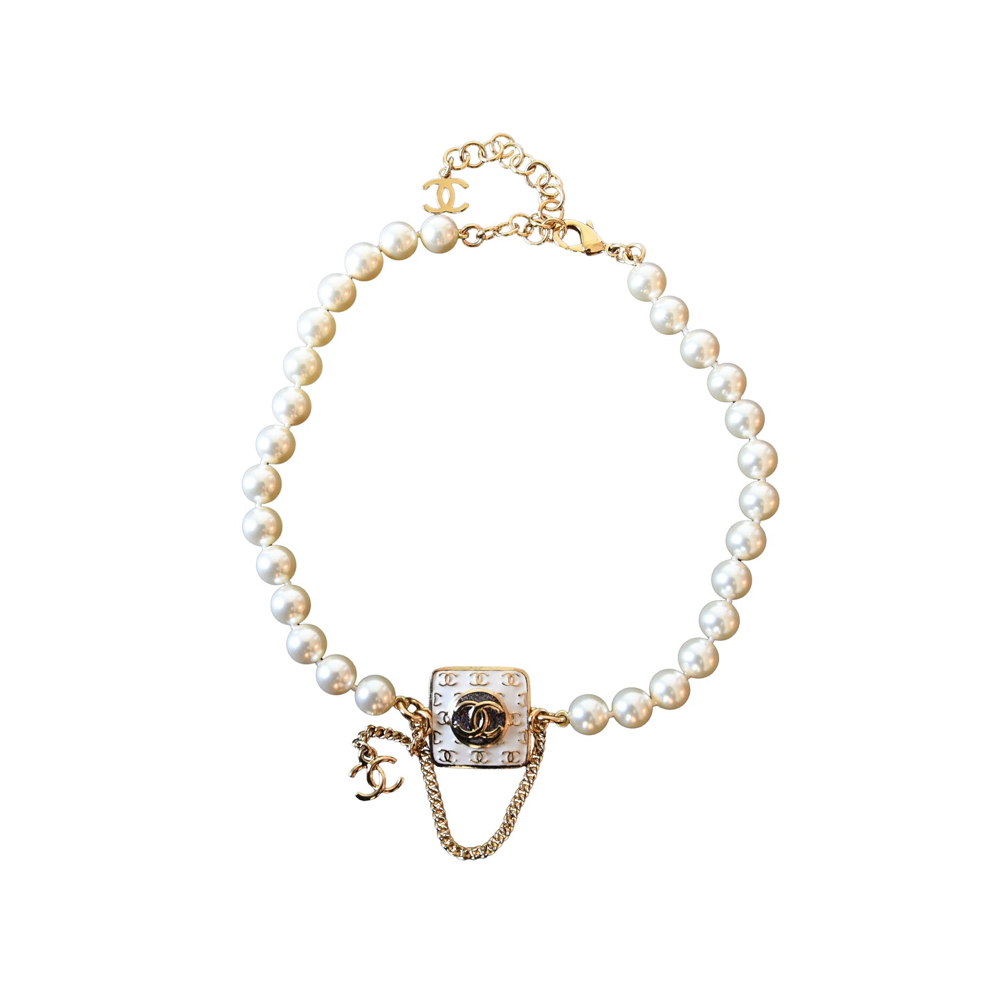 Chanel 24C Enamel CC Square With Pearl Choker Necklace Gold-NOBLEMARS