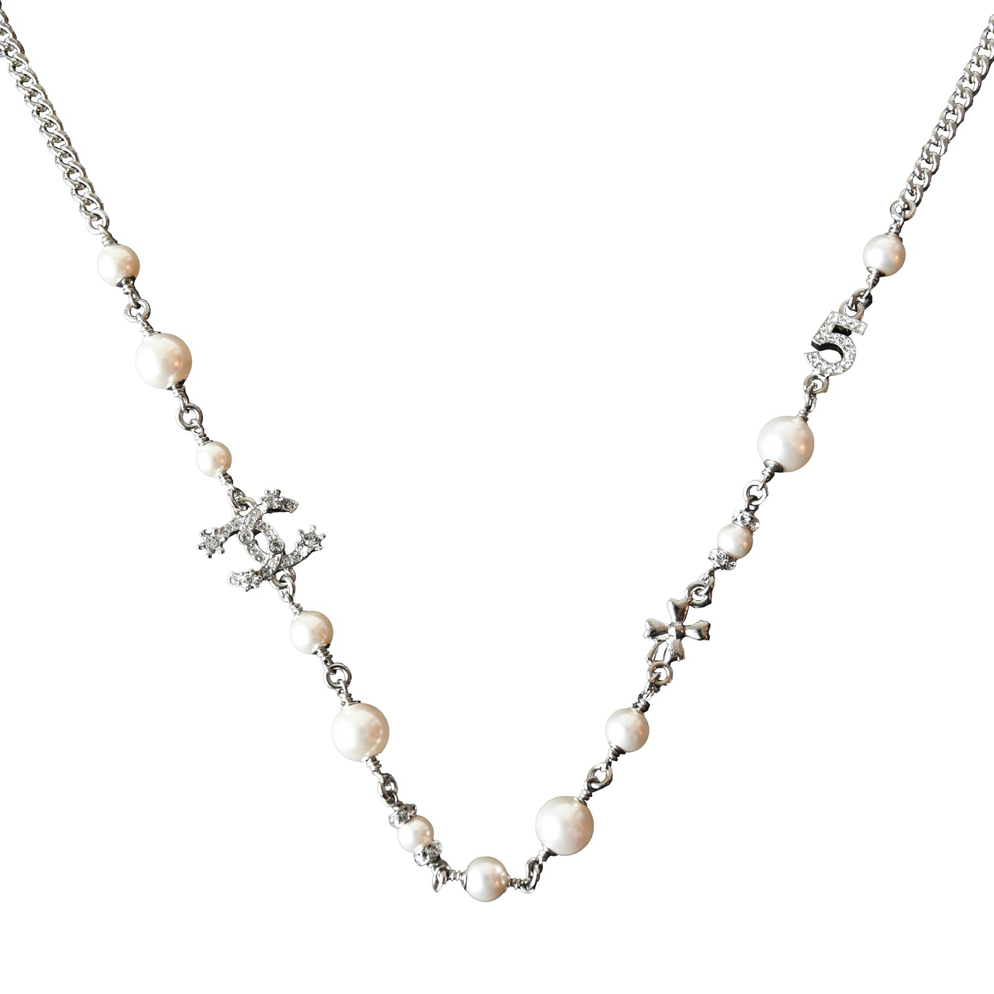 Chanel 23P Crystal Strass CC Logo No.5 Clover With Pearl Chain Necklace Silver-NOBLEMARS