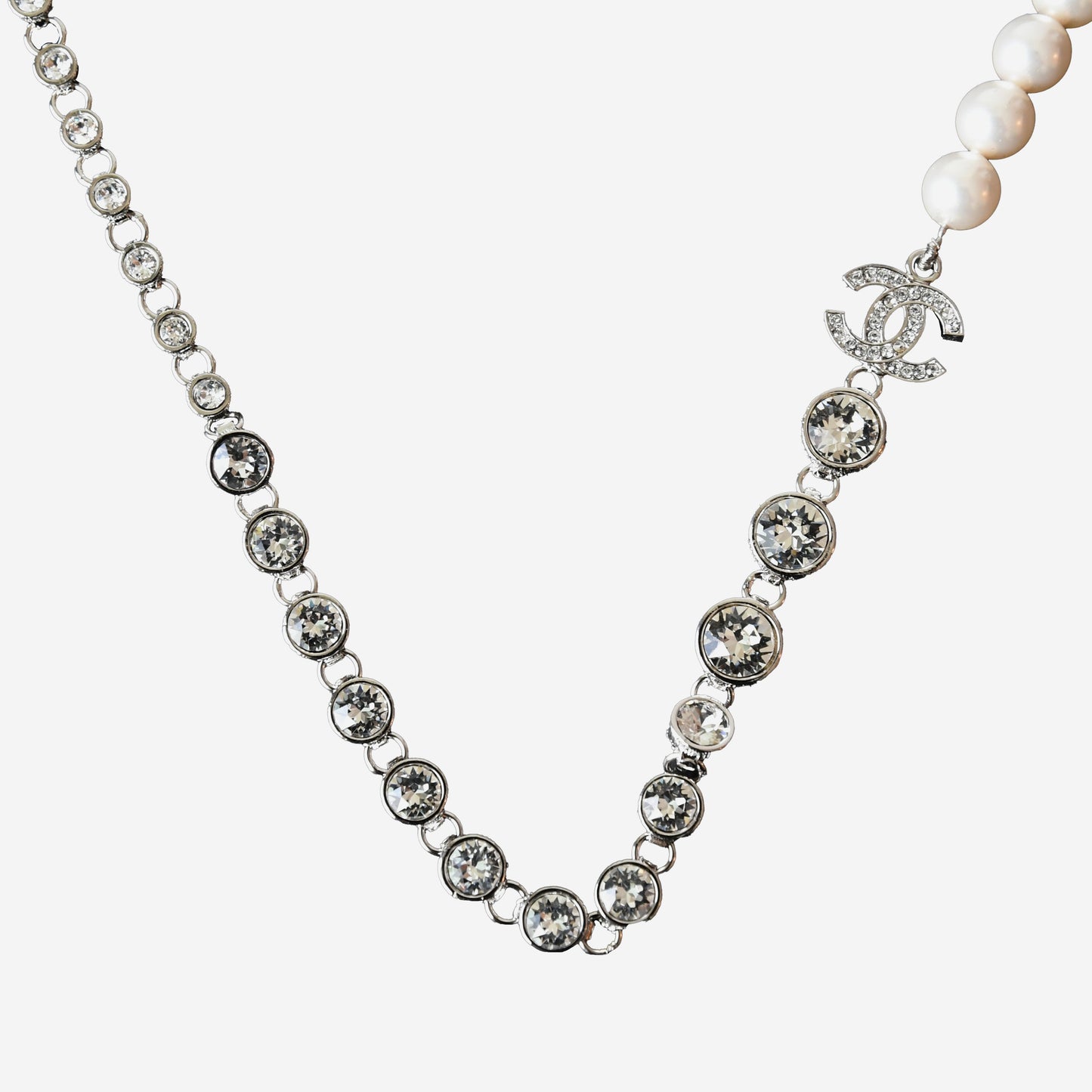 Chanel Pearl Crystal Strass CC Choker Necklace Silver-NOBLEMARS