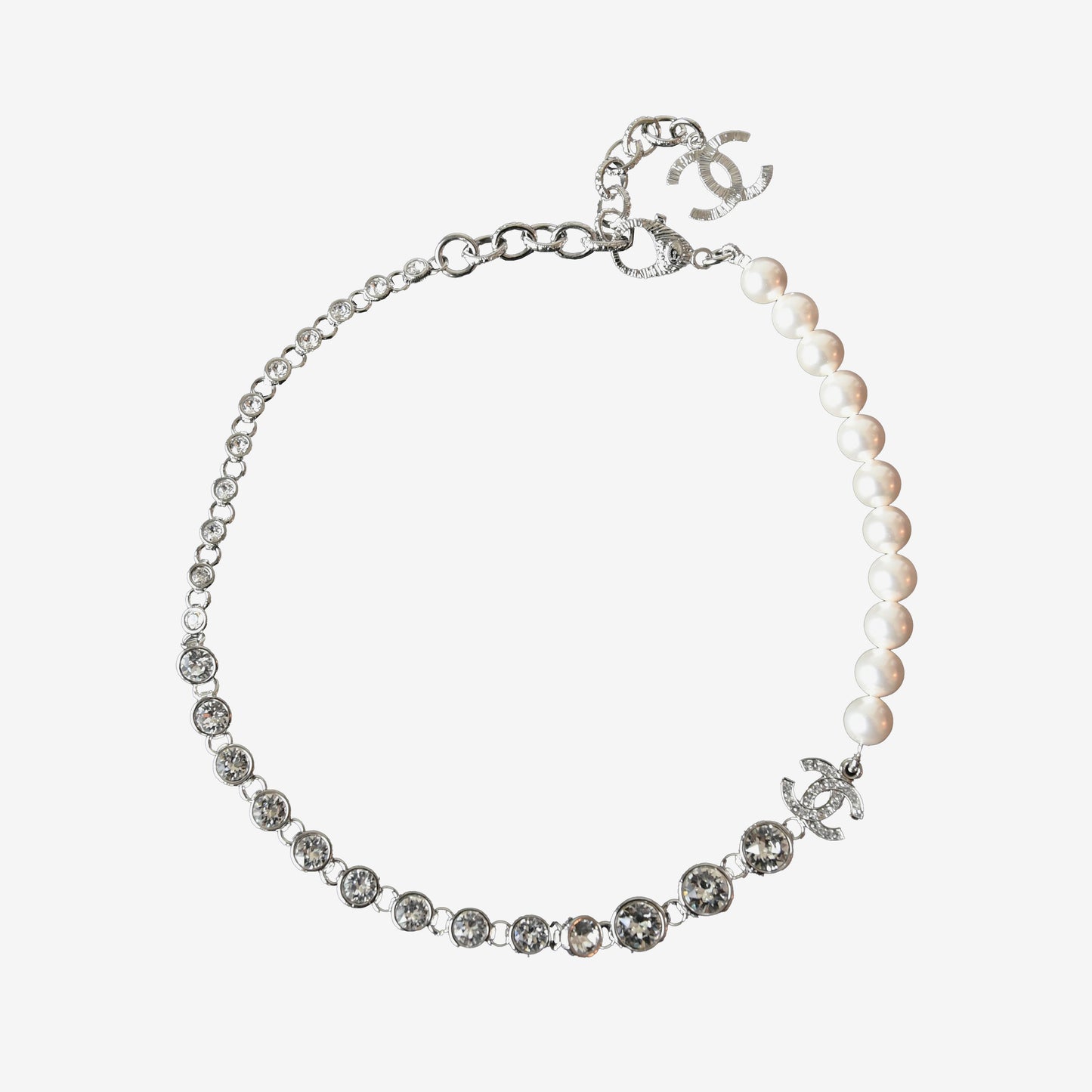 Chanel Pearl Crystal Strass CC Choker Necklace Silver-NOBLEMARS