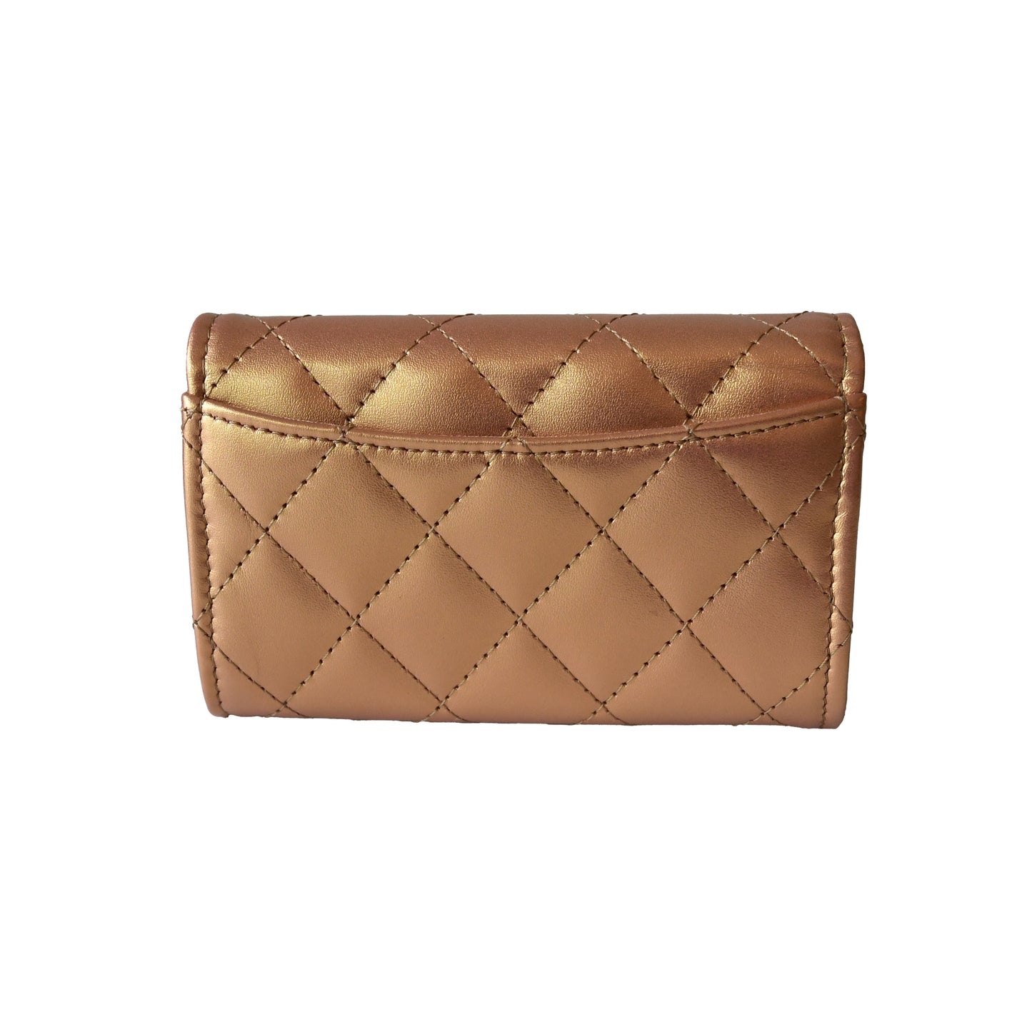 Chanel CC Metallic Lambskin Quilted Flap Card Holder Wallet Golden