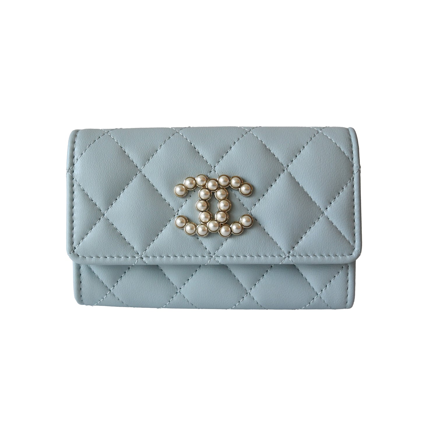 Chanel Pearl CC Lambskin Quilted Chanel Flap Card Holder Baby Blue