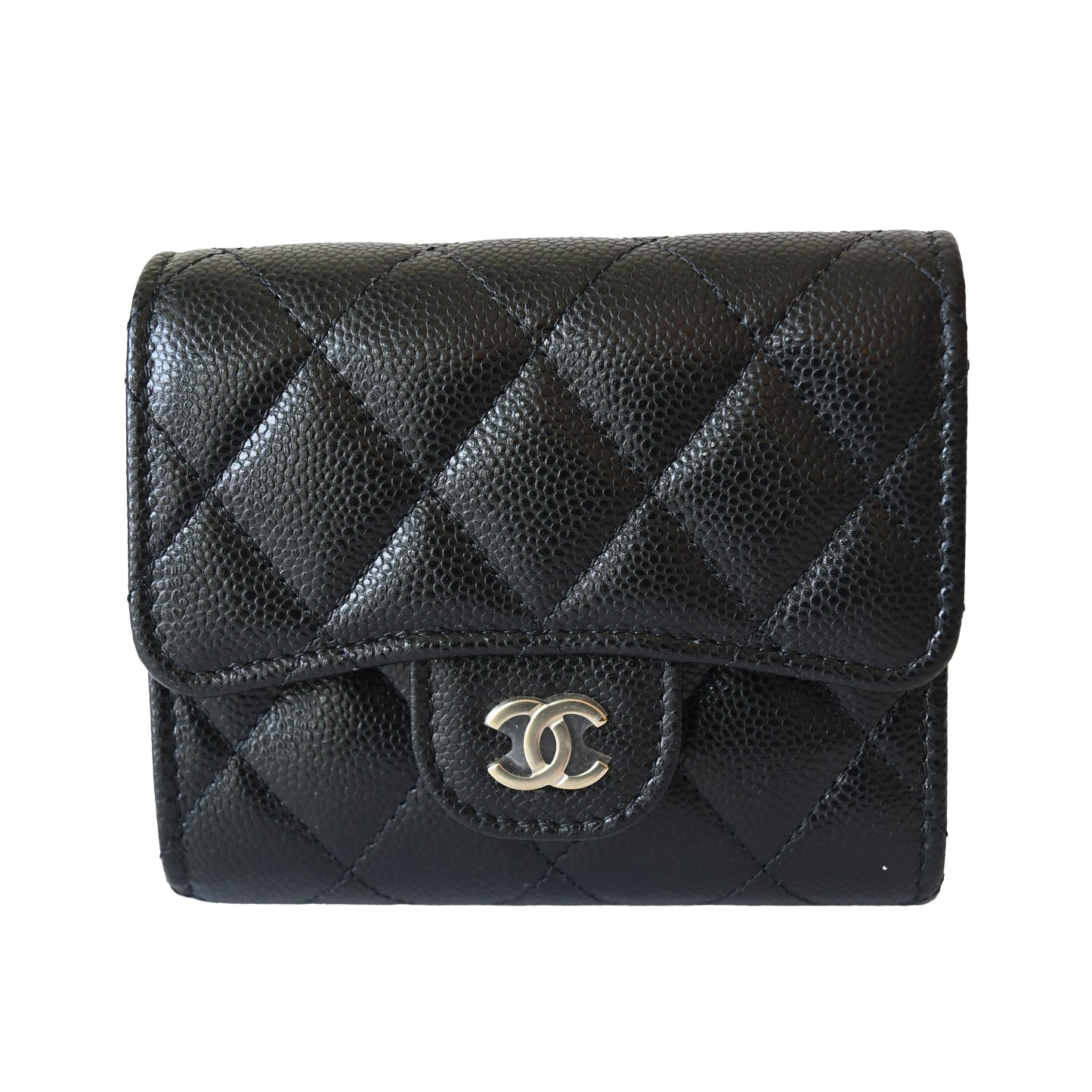 Chanel CC Caviar Quilted Trifold Compact Flap Wallet Black