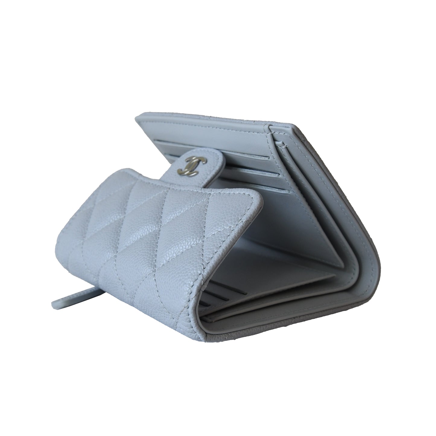 Chanel CC Caviar Quilted Trifold Compact Flap Wallet With Zipped Light Blue