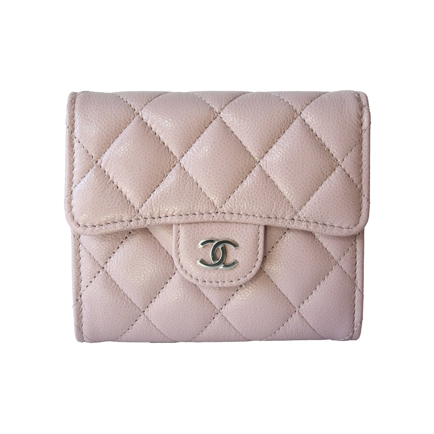 Chanel CC Caviar Quilted Trifold Compact Flap Wallet With Zipped Light Pink