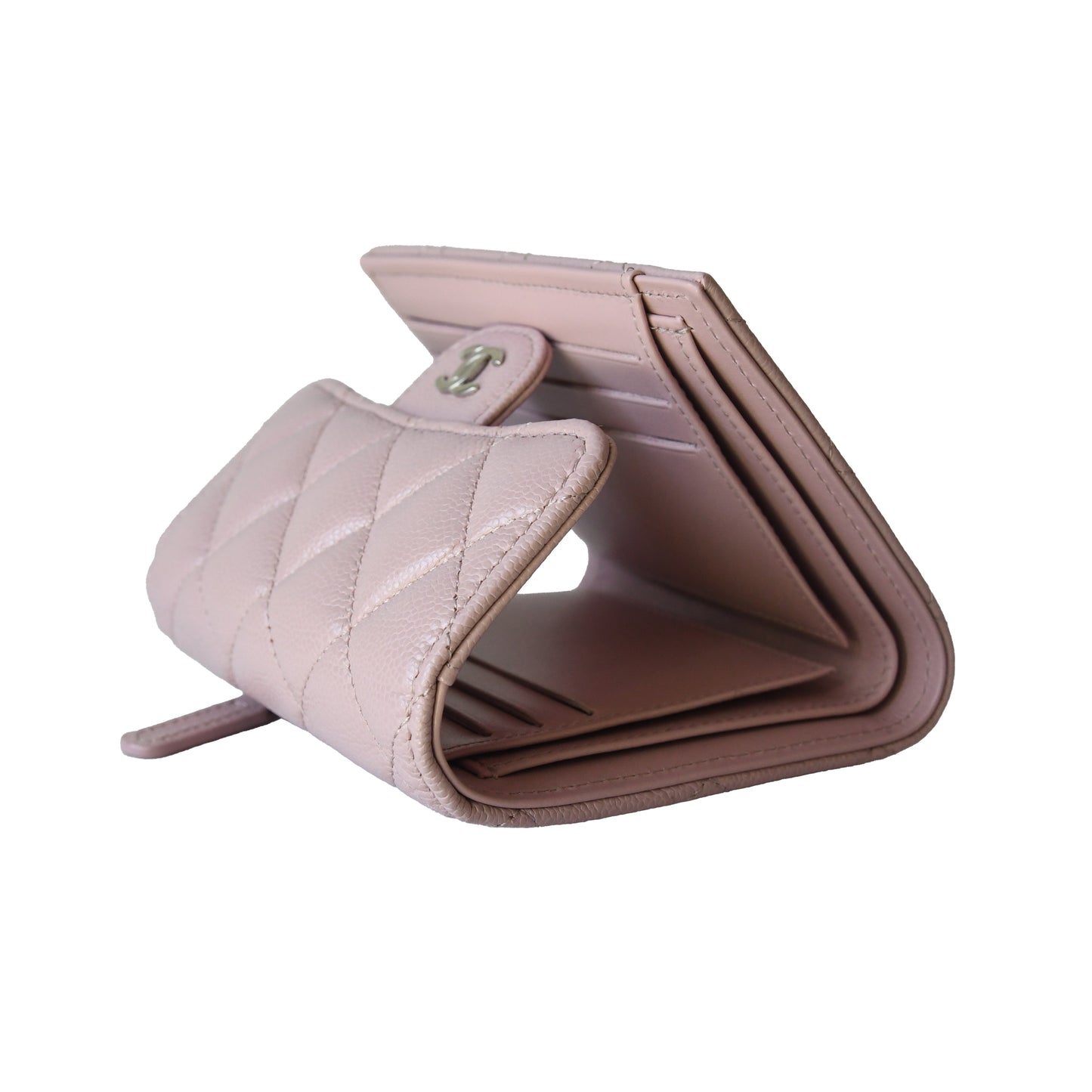Chanel CC Caviar Quilted Trifold Compact Flap Wallet With Zipped Light Pink
