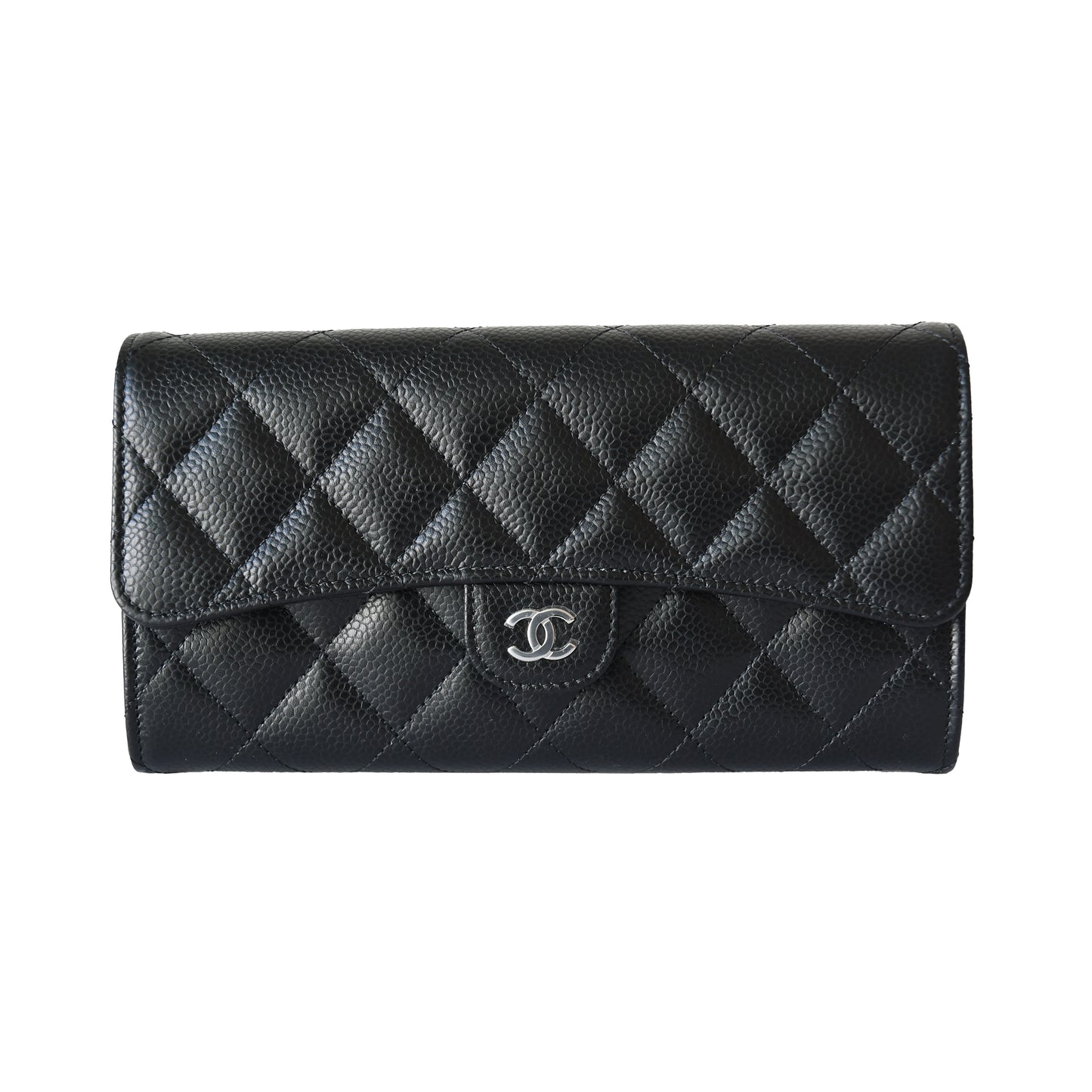 Chanel CC Quilted Caviar Continental Large Gusset Flap Wallet Silver Hardware Black