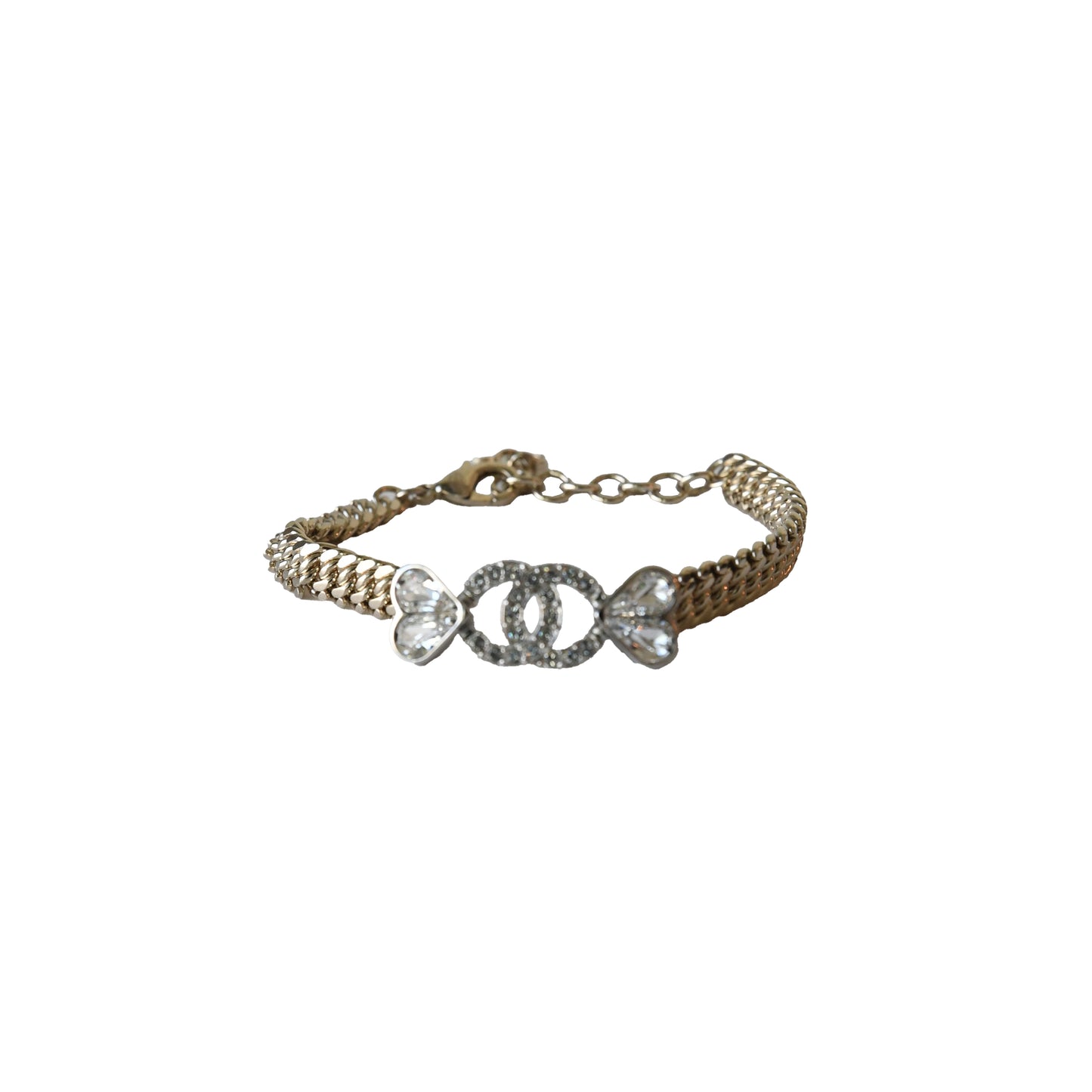 Chanel Crystal Strass CC Heart Chain Bracelet Gold